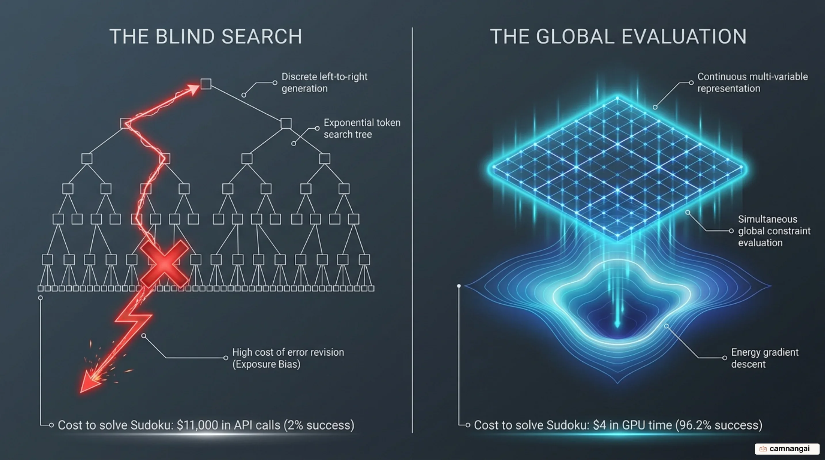 Comparison between discrete autoregressive token search and simultaneous global energy evaluation