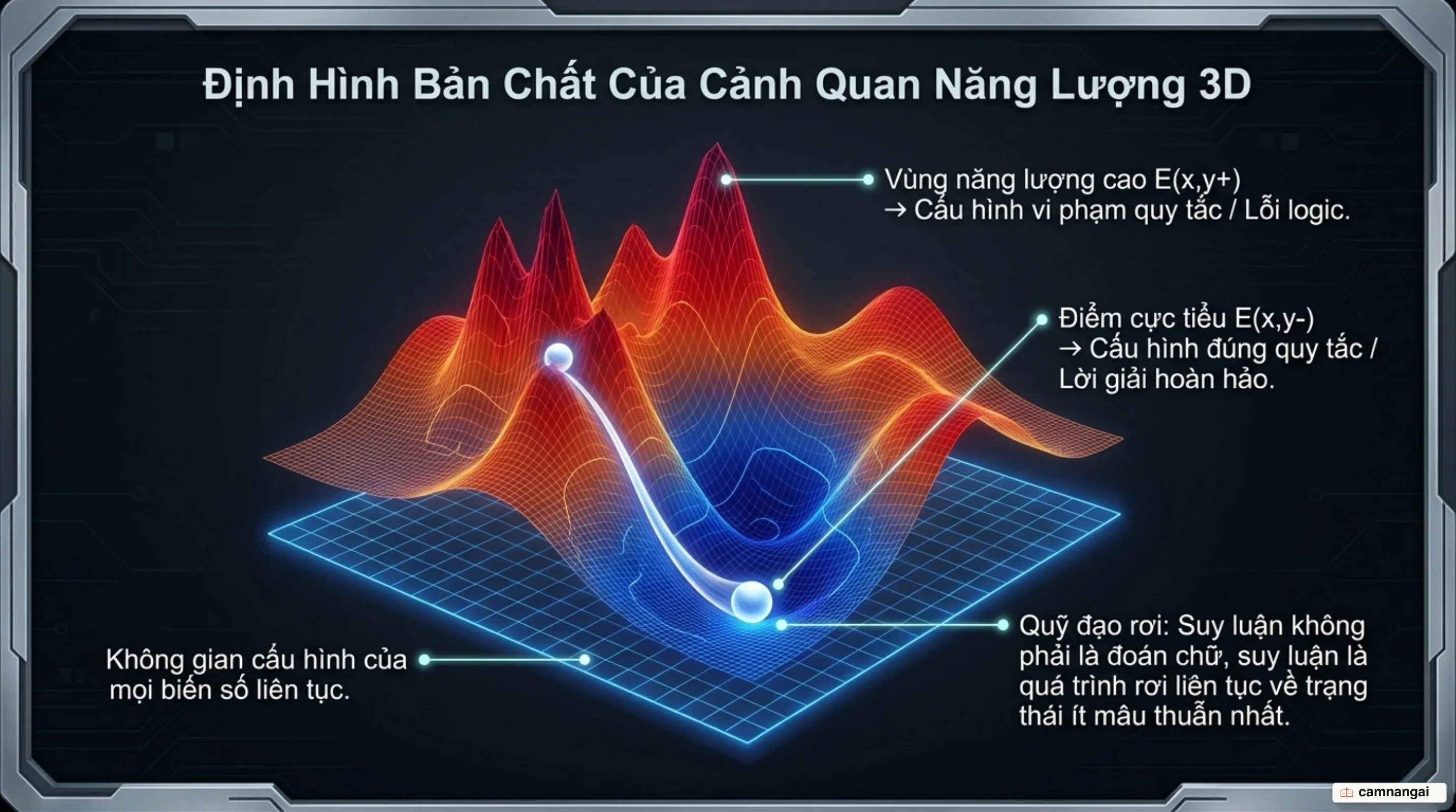 Cấu trúc cảnh quan năng lượng: thung lũng năng lượng cho đáp án đúng và vùng năng lượng cao cho vi phạm