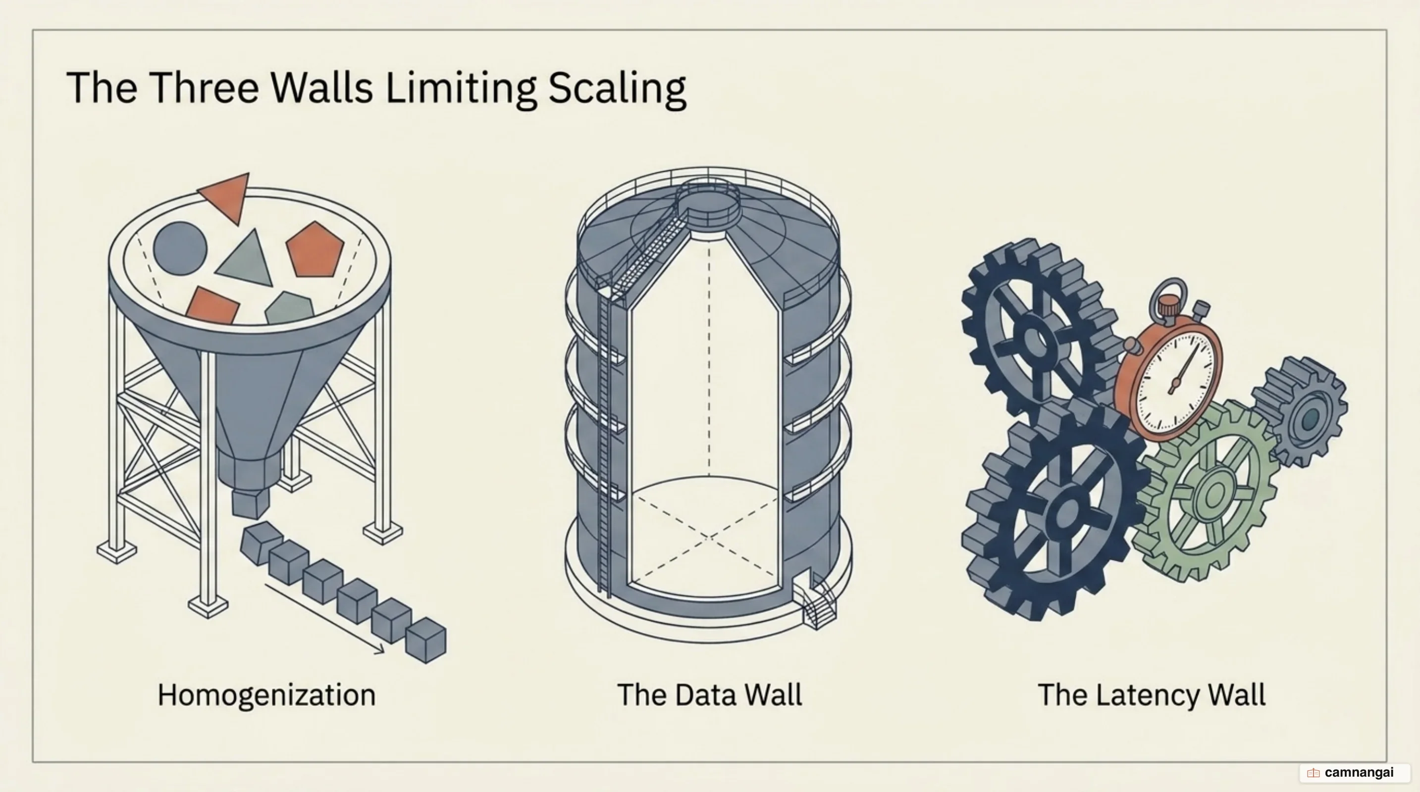 Three walls limiting how far pretrained models can scale: homogenization, the data wall and the latency wall