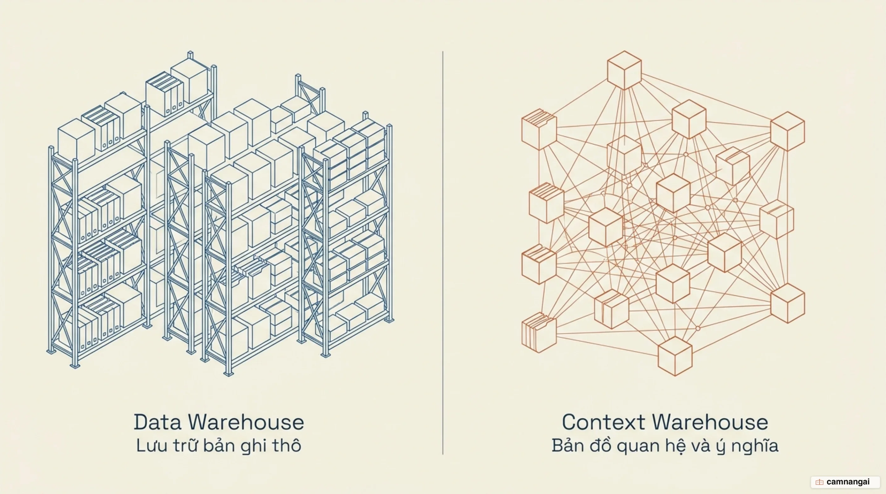 Data warehouse lưu bản ghi thô, còn context warehouse lưu quan hệ và ý nghĩa giữa các bản ghi đó