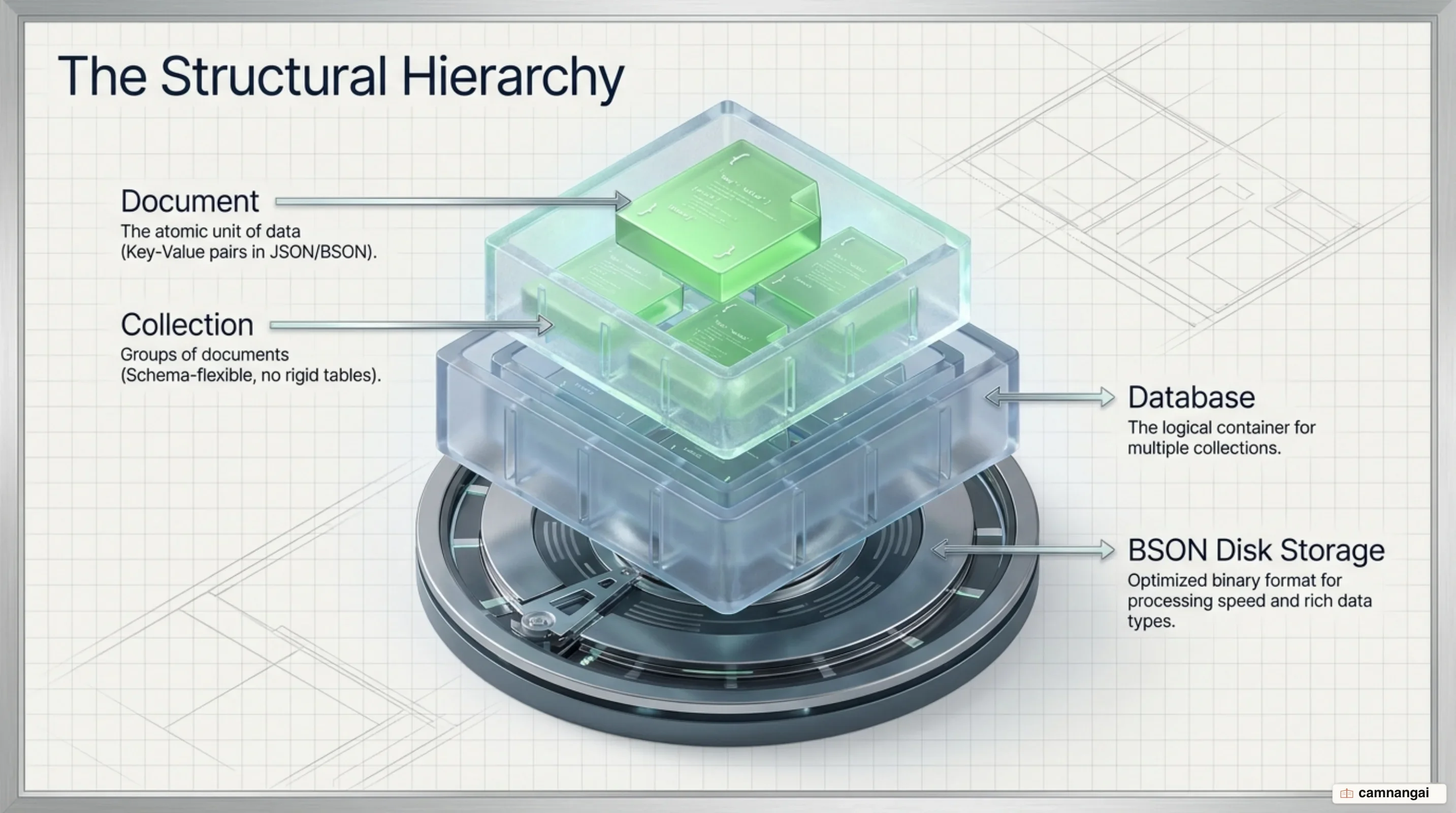MongoDB's hierarchy: documents live inside collections, collections live inside a database, and data is stored on disk as BSON