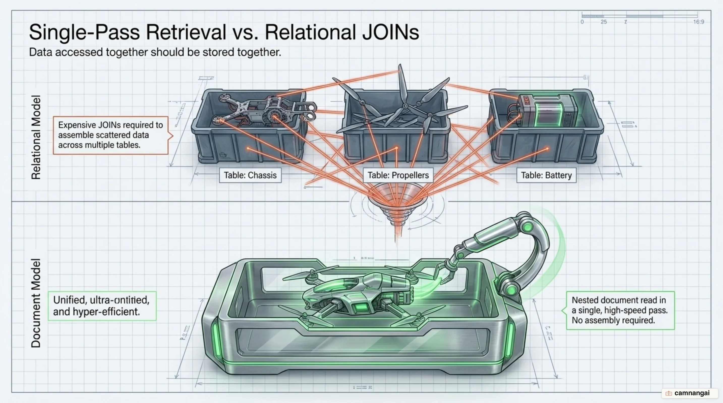 The document model versus relational tables: one nested document read in a single pass, contrasted with several SQL tables that must be JOINed together
