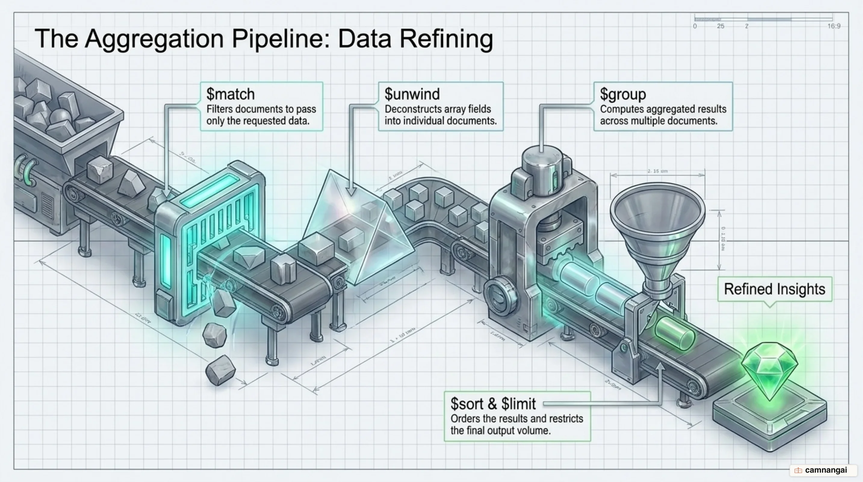 The Aggregation Pipeline: data flowing through the match, unwind, group, sort and limit stages to a final result