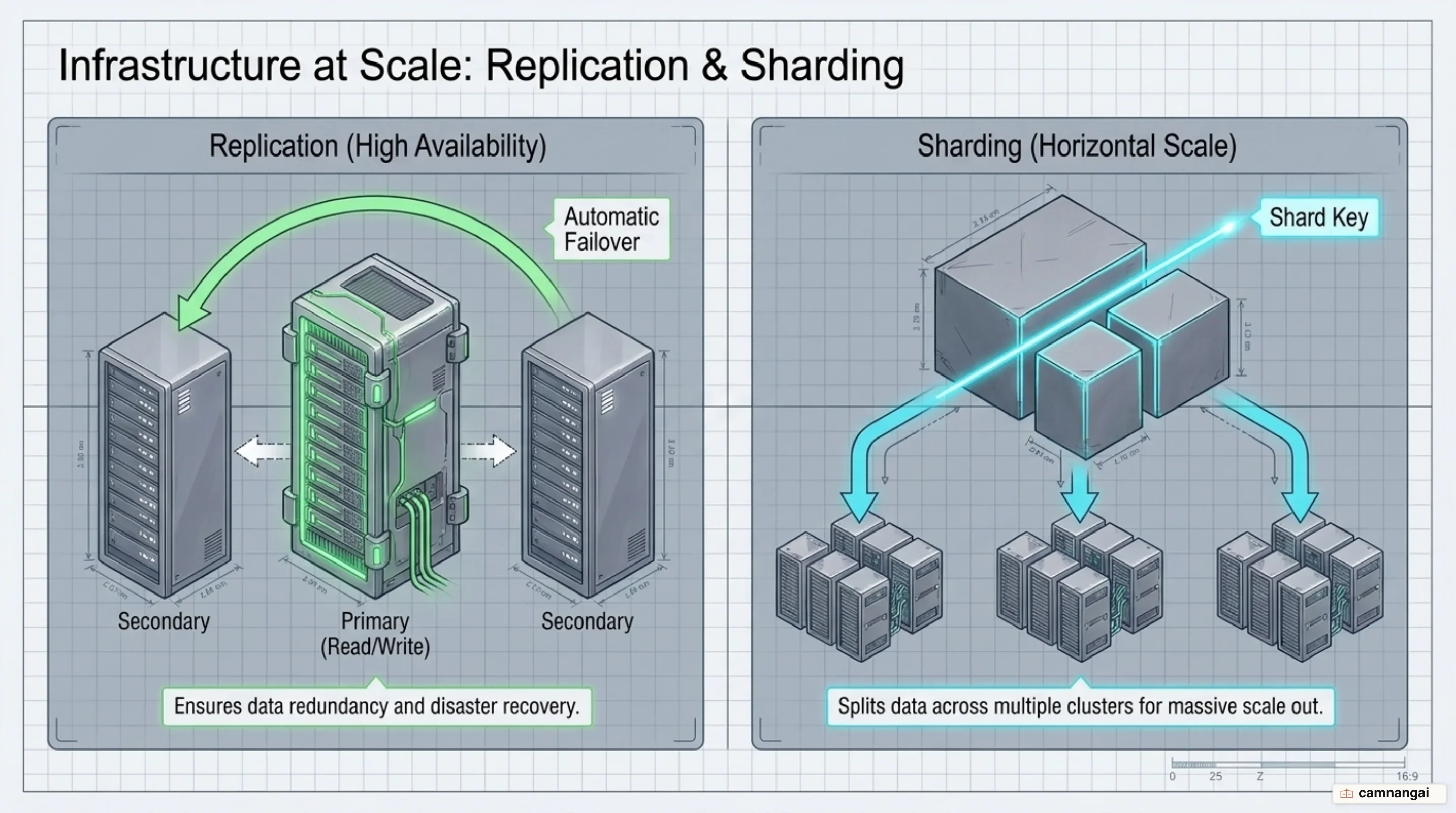A replica set with one Primary and several Secondaries holding identical copies, and sharding splitting data across shards for horizontal scale