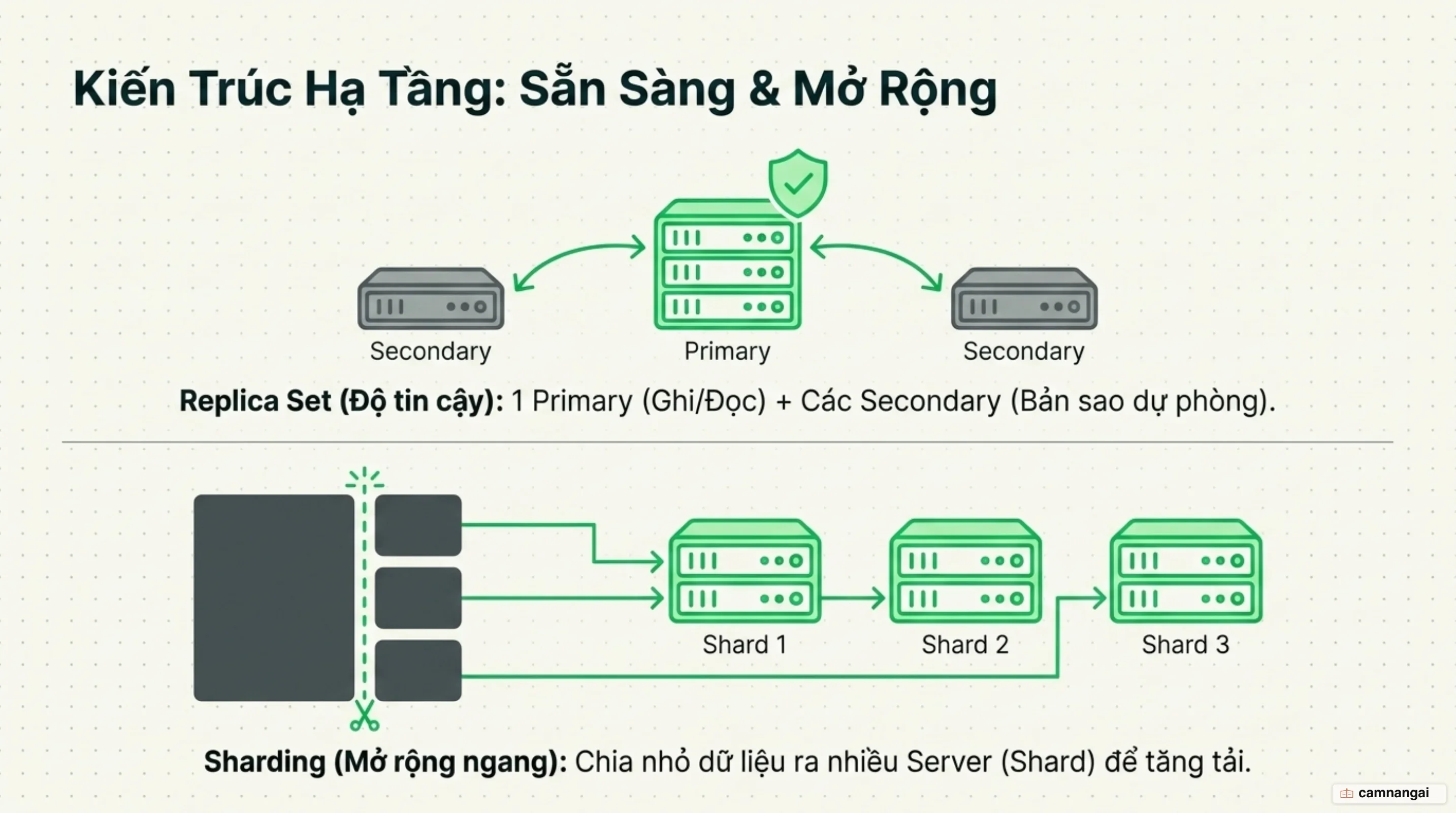 Replica Set gồm một Primary và các Secondary giữ bản sao giống hệt nhau, còn sharding chia nhỏ dữ liệu ra nhiều shard để mở rộng chiều ngang