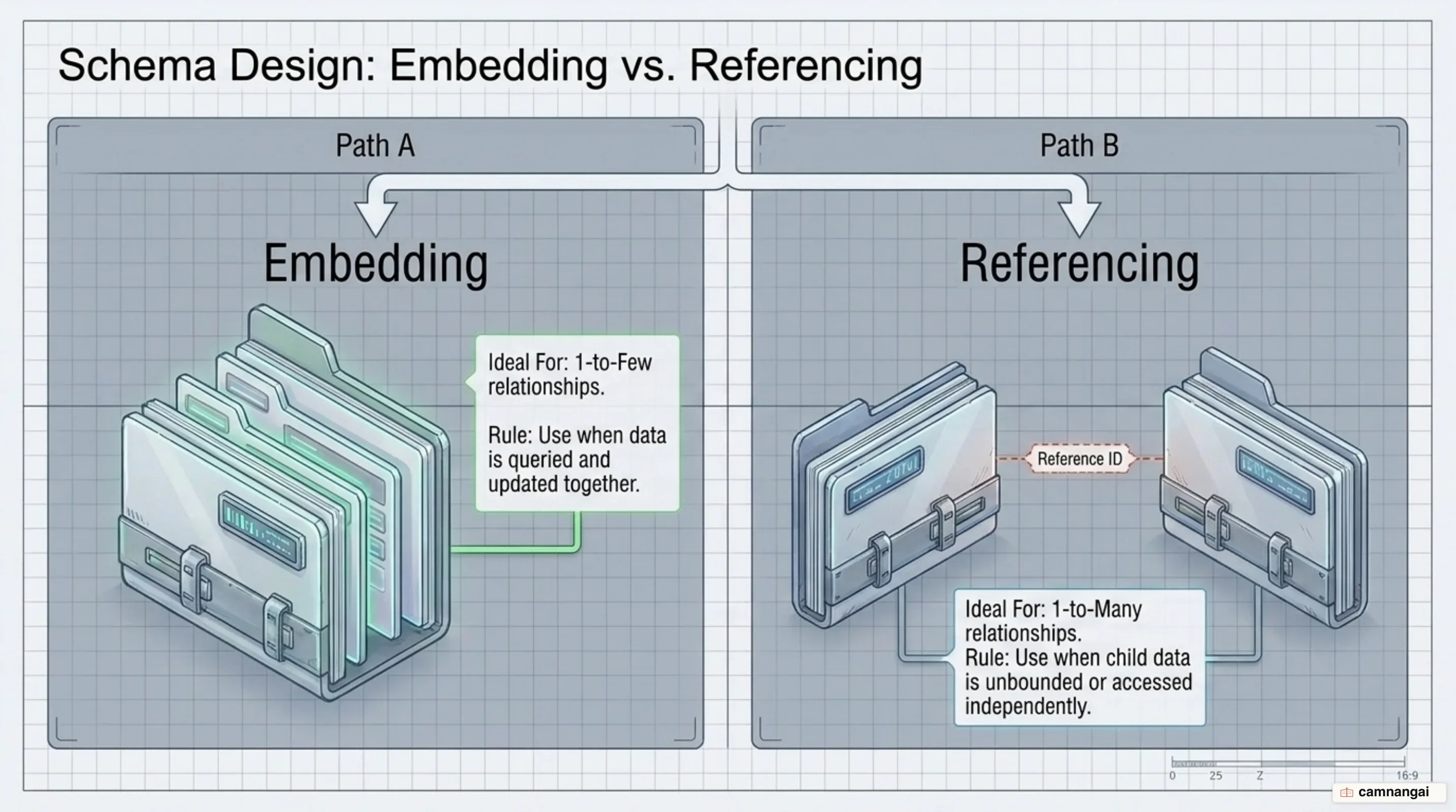 Schema design in MongoDB: embedding versus referencing, the two choices driven by the application's access pattern