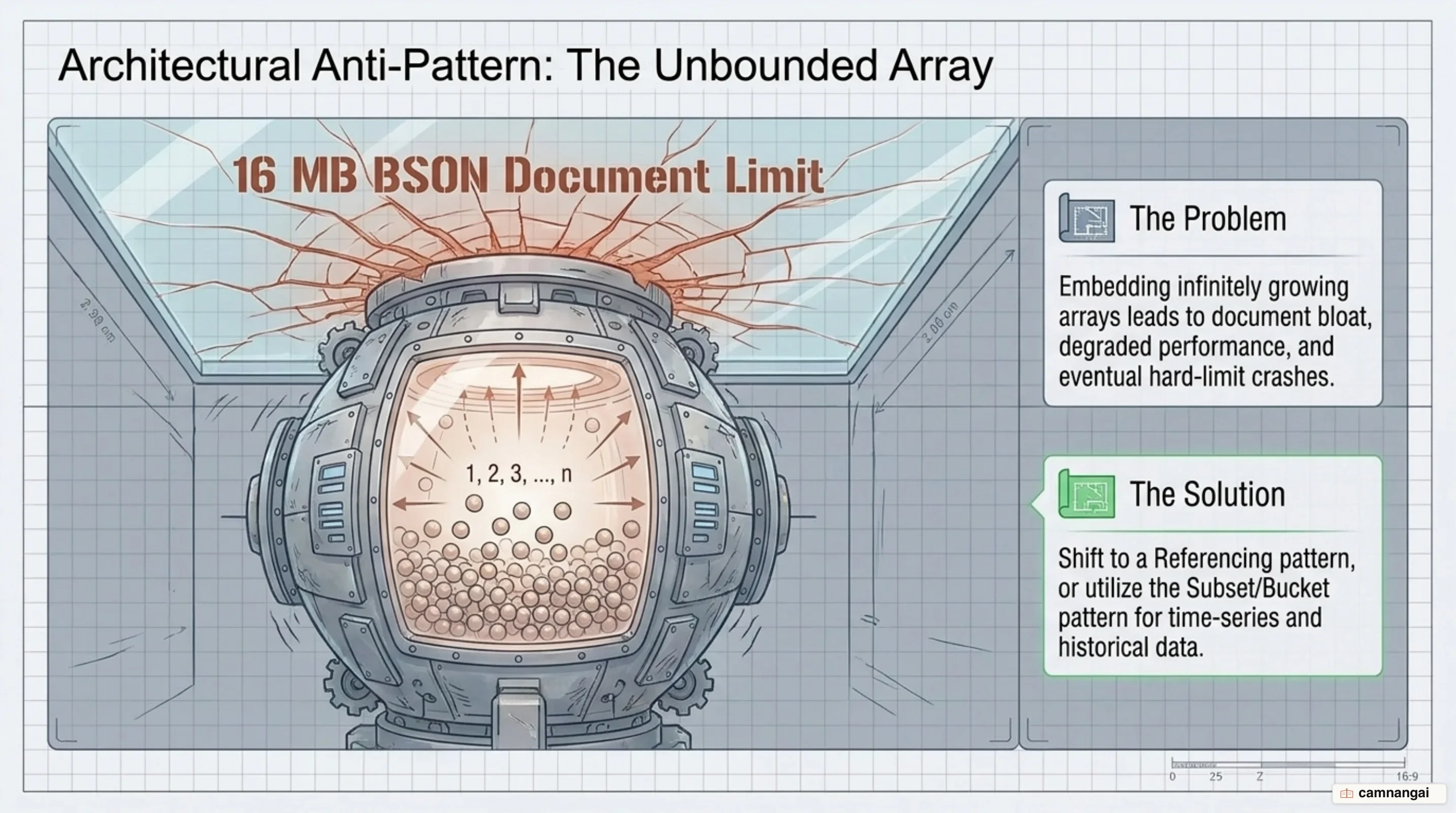 The unbounded array mistake: an embedded array growing until it hits the 16 MB ceiling of a single document
