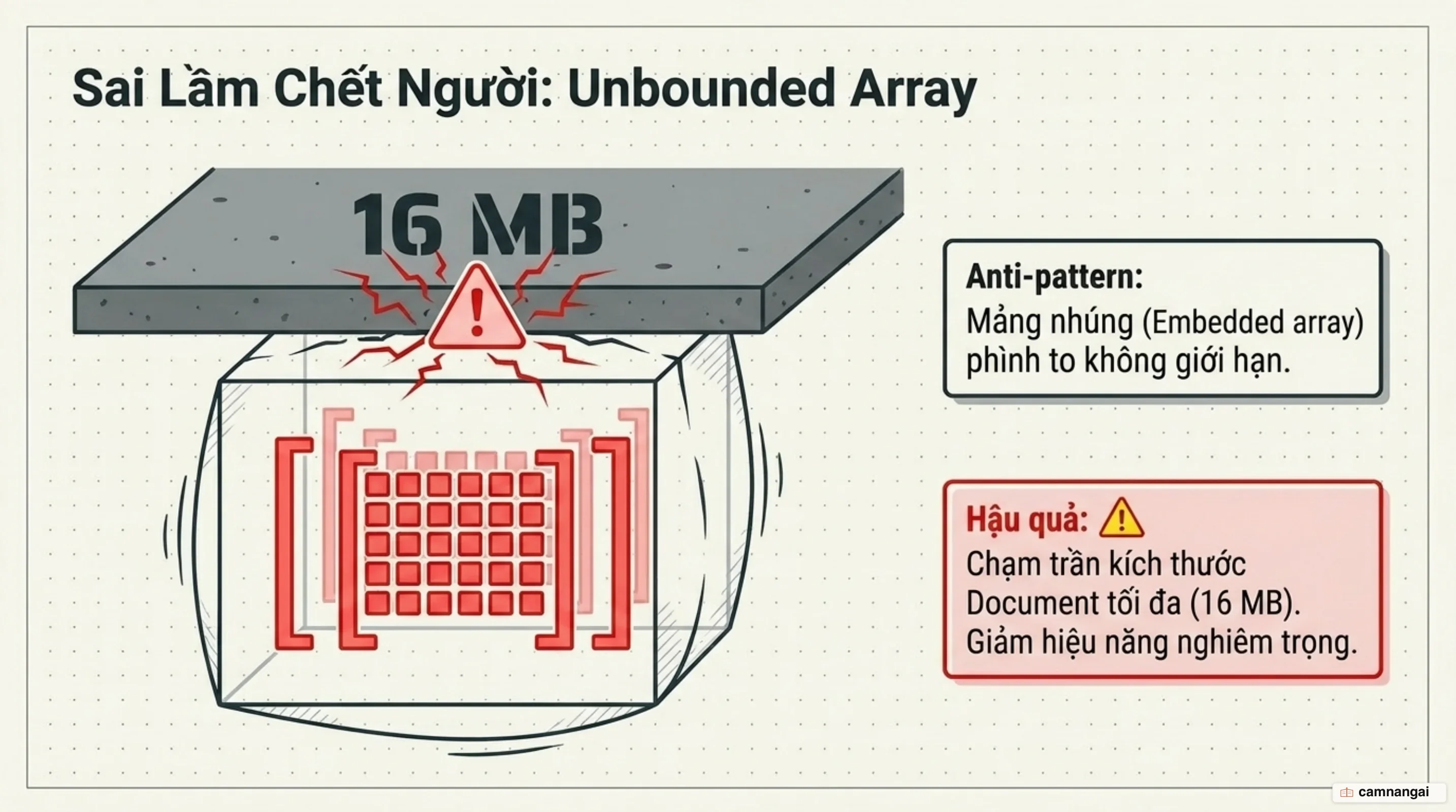 Sai lầm unbounded array: một mảng nhúng phình to dần cho tới khi chạm trần 16 MB của một document