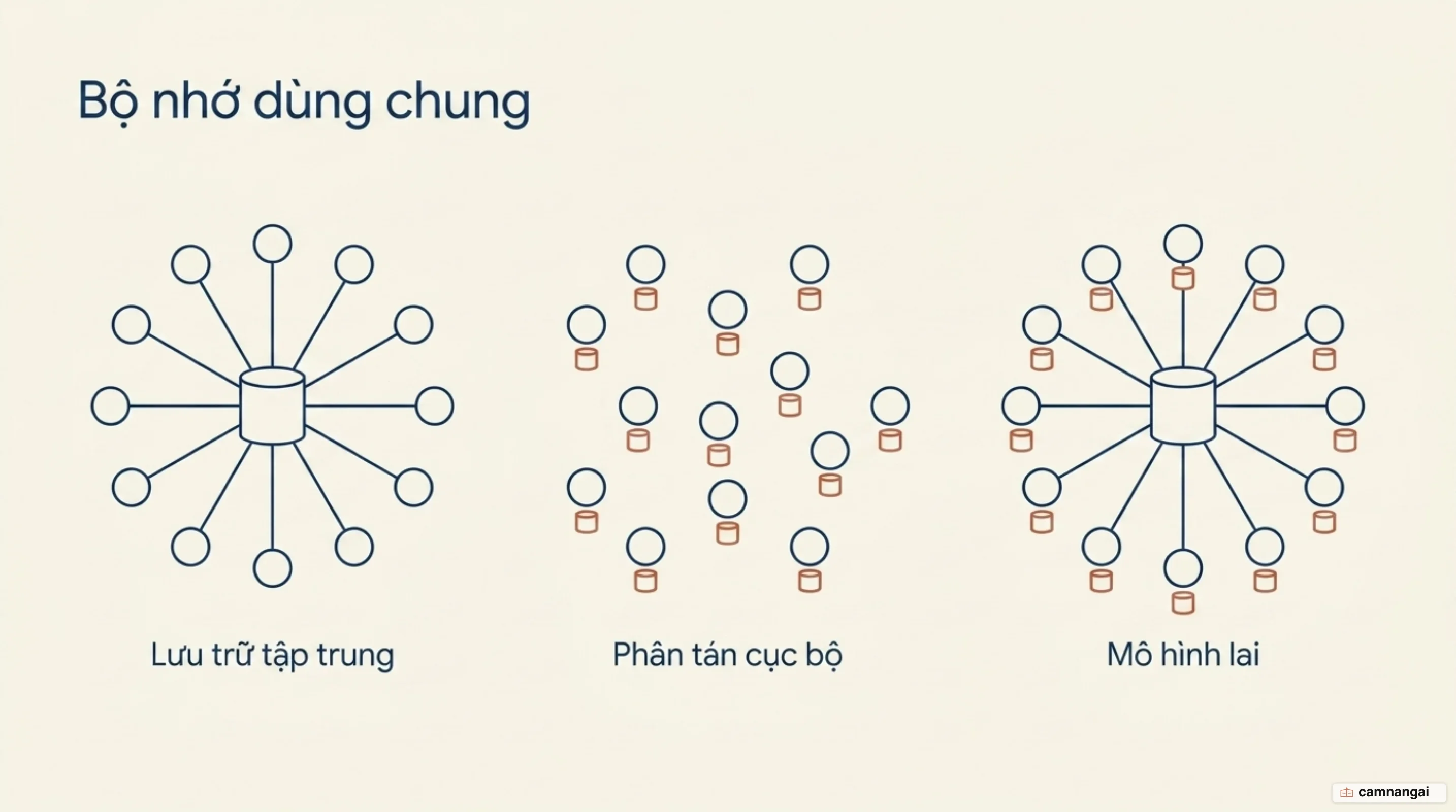 Ba kiểu tổ chức bộ nhớ dùng chung đặt cạnh nhau: tập trung, phân tán và lai giữa hai kiểu