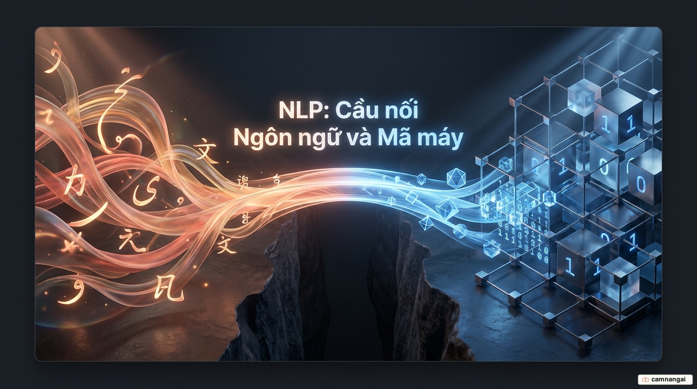 Hình minh hoạ xử lý ngôn ngữ tự nhiên như một cây cầu nối giữa ngôn ngữ con người — chữ viết và lời nói — với mã máy nhị phân gồm các con số 0 và 1