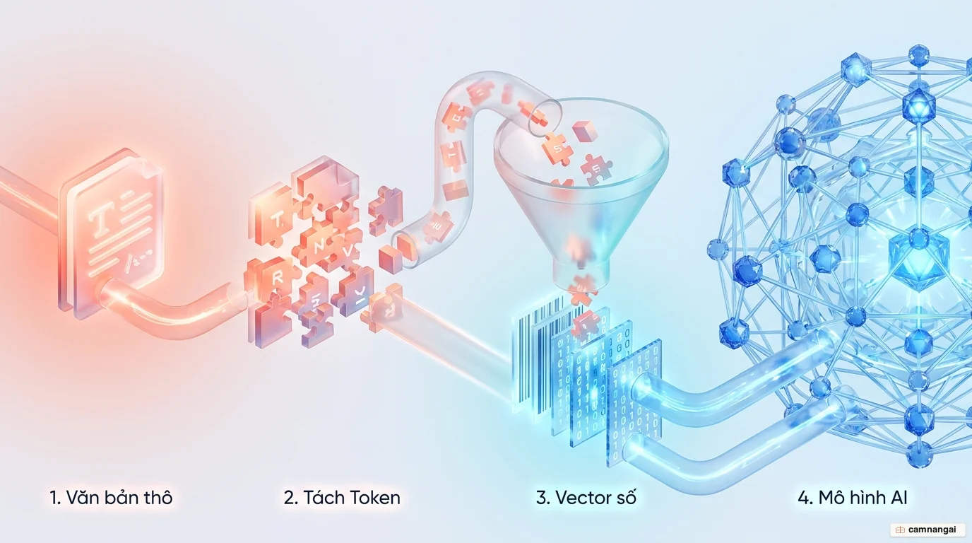 Sơ đồ quy trình xử lý ngôn ngữ tự nhiên: văn bản thô được tách thành token, chuyển thành các vector số, rồi đưa qua mô hình để cho ra kết quả