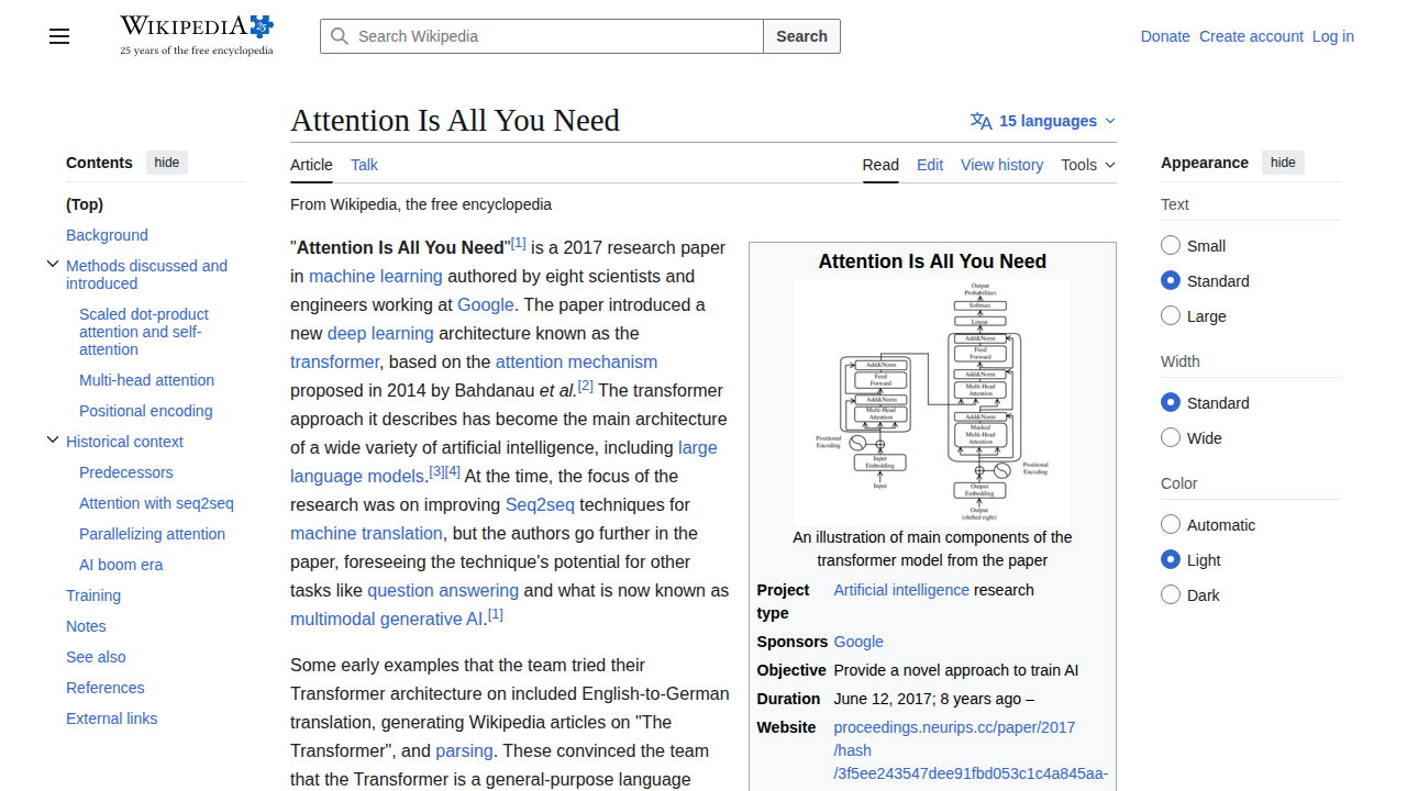 Trang Wikipedia về bài báo Attention Is All You Need năm 2017, kèm sơ đồ kiến trúc transformer với khối encoder và decoder