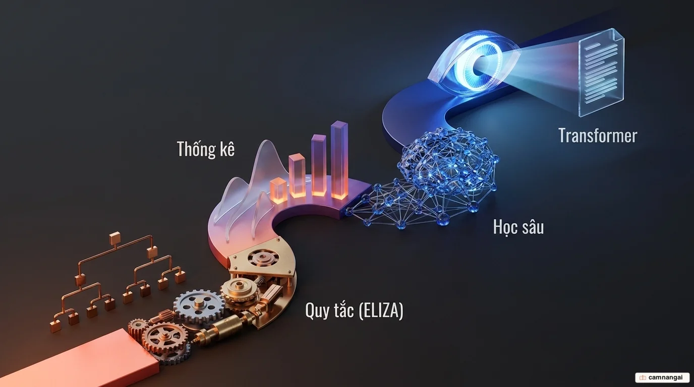 Dòng thời gian tiến hóa của NLP: từ hệ thống dựa trên quy tắc như ELIZA, sang phương pháp thống kê, học sâu, rồi đến kiến trúc Transformer