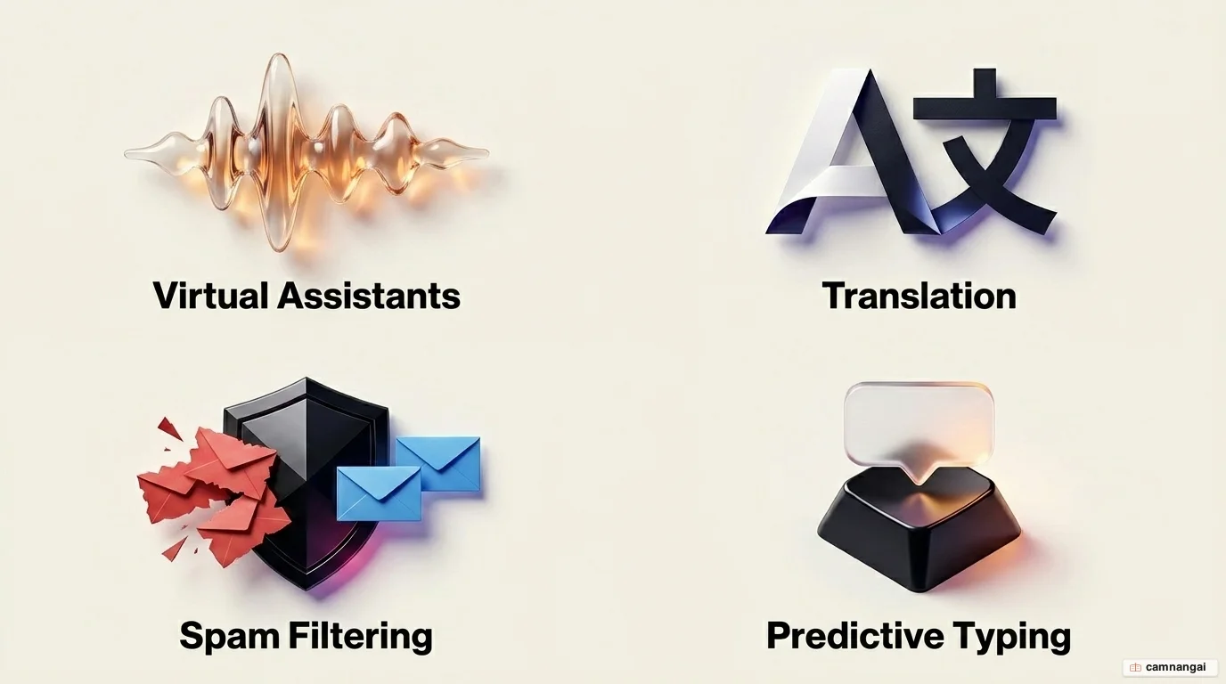 Illustration of NLP in everyday life: virtual assistants, machine translation, spam filtering, and predictive typing on a phone