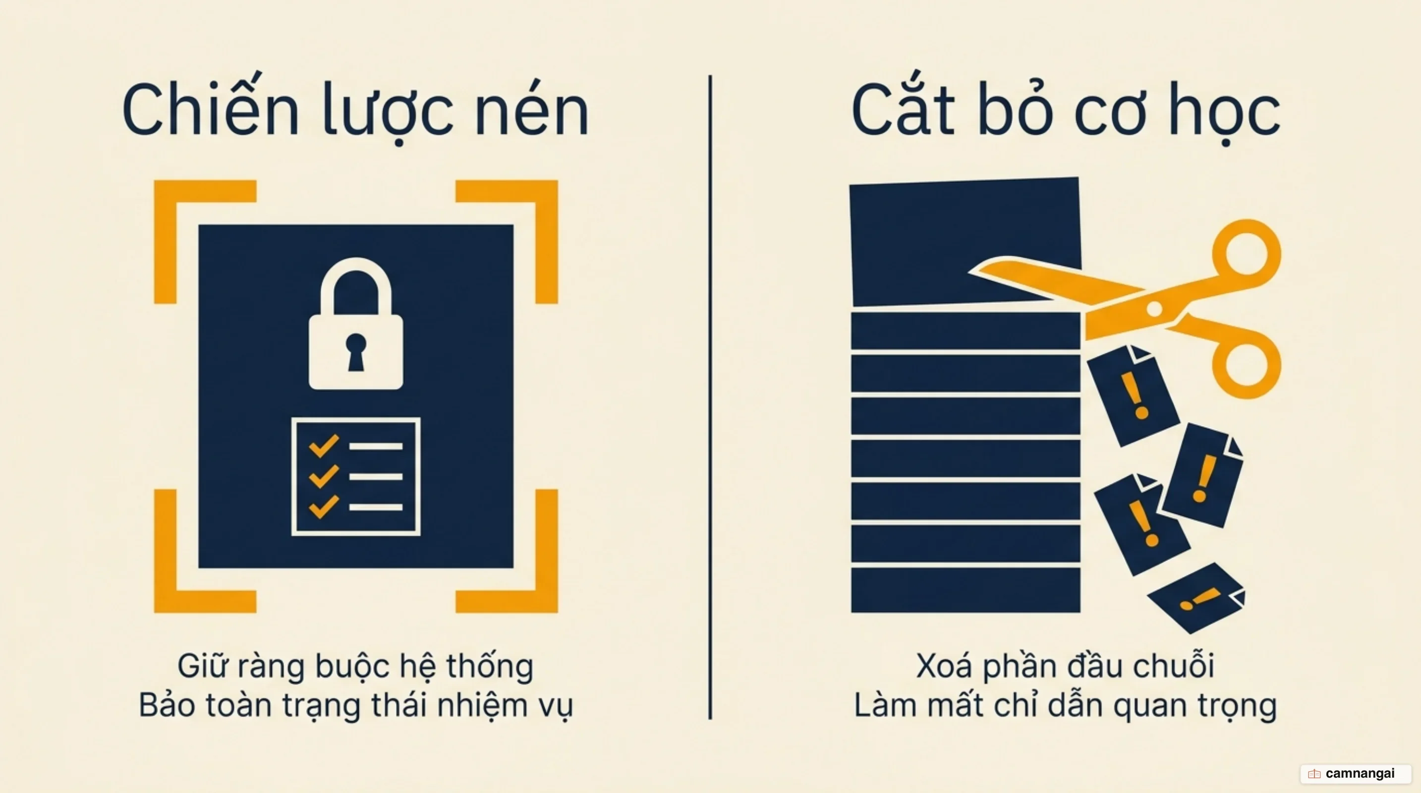So sánh nén ngữ cảnh và cắt bỏ: nén giữ lại ràng buộc và trạng thái, cắt bỏ xoá cơ học phần đầu chuỗi