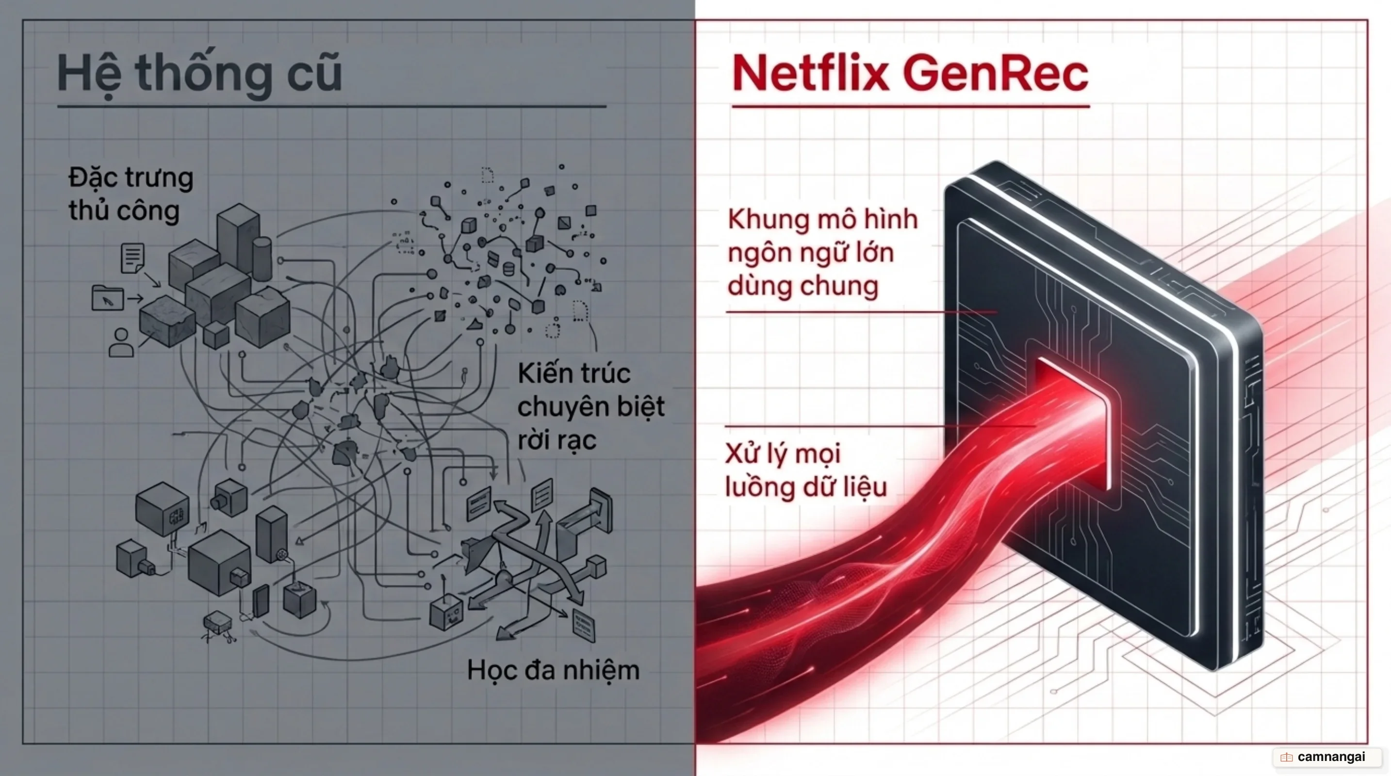 Hệ thống gợi ý cũ của Netflix với hàng nghìn đặc trưng thủ công và nhiều kiến trúc chuyên biệt rời rạc, đặt cạnh một LLM backbone dùng chung của GenRec