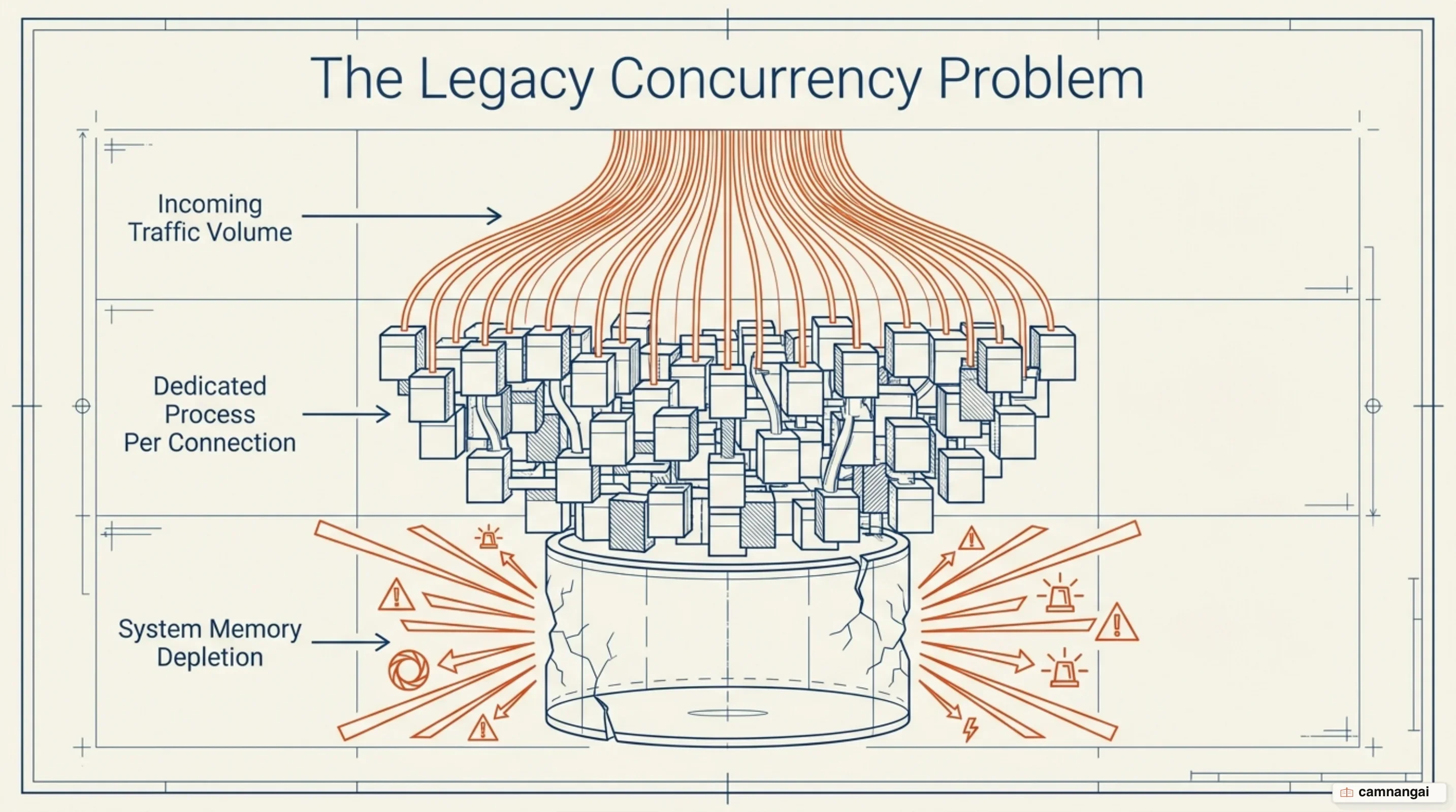 The older model gives every connection its own process, so server memory drains as the connection count climbs