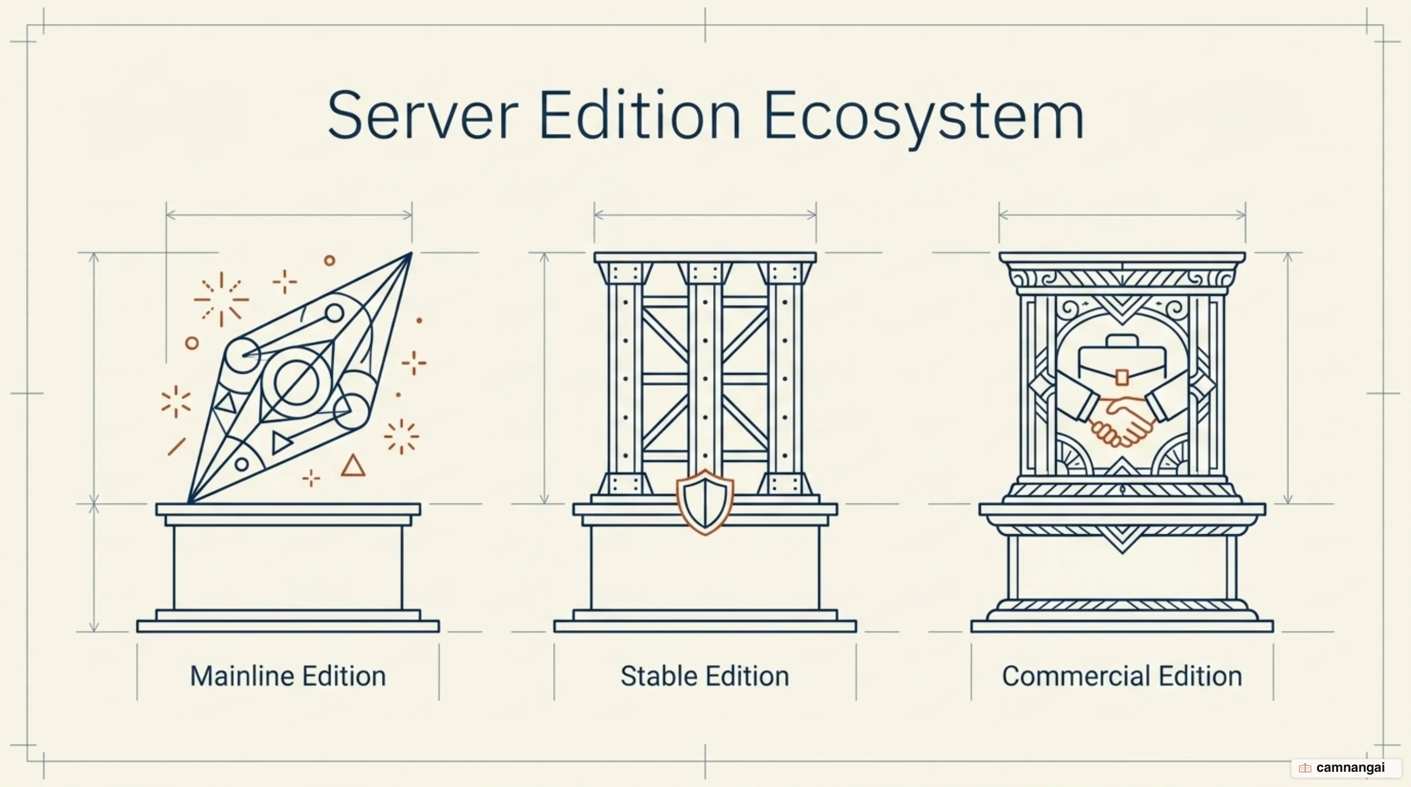 Three Nginx editions side by side on their own plinths: the mainline edition, the stable edition, and the commercial edition
