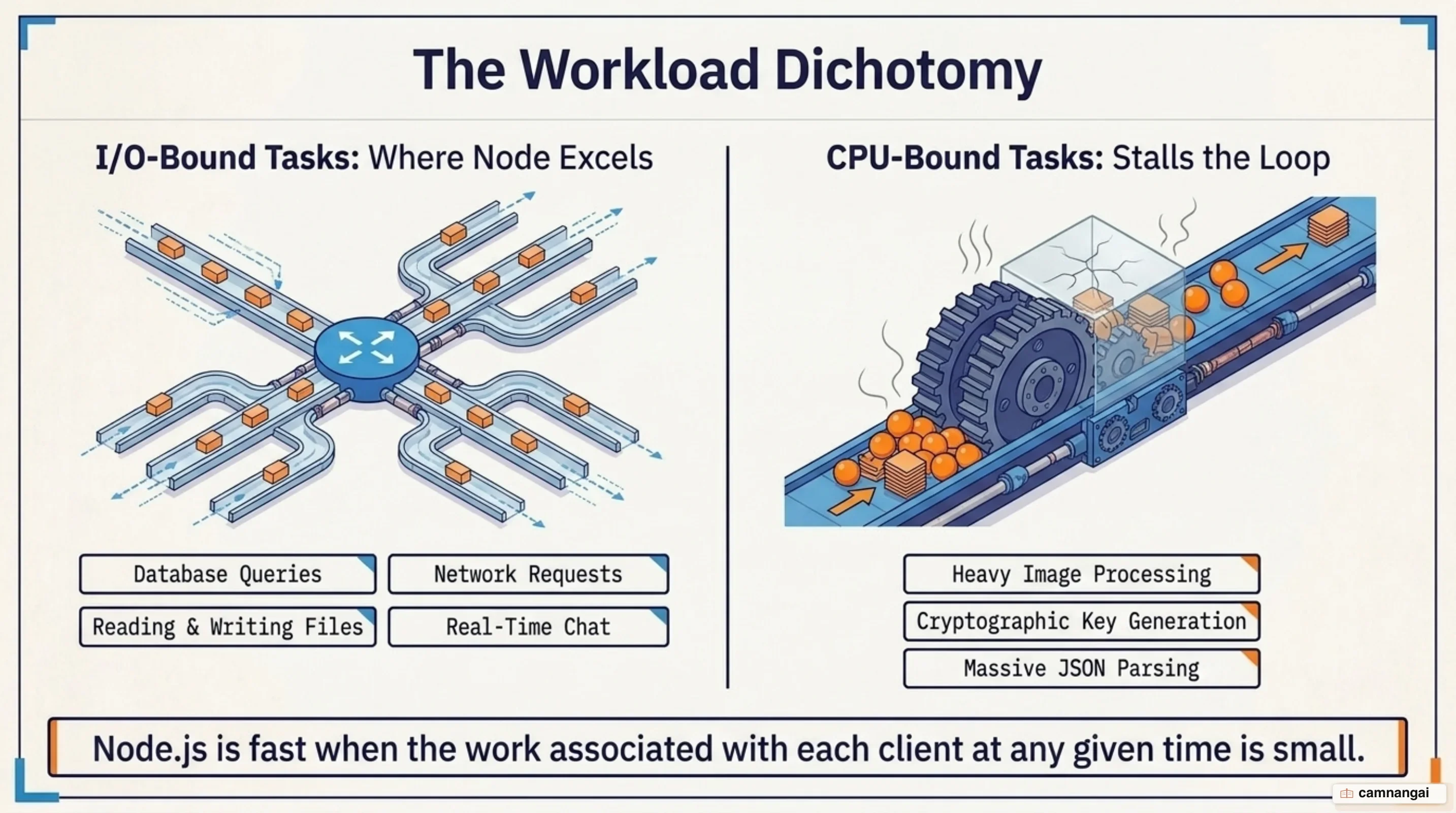 Two kinds of workload: I/O-bound tasks where Node.js excels, and CPU-bound tasks that stall the event loop