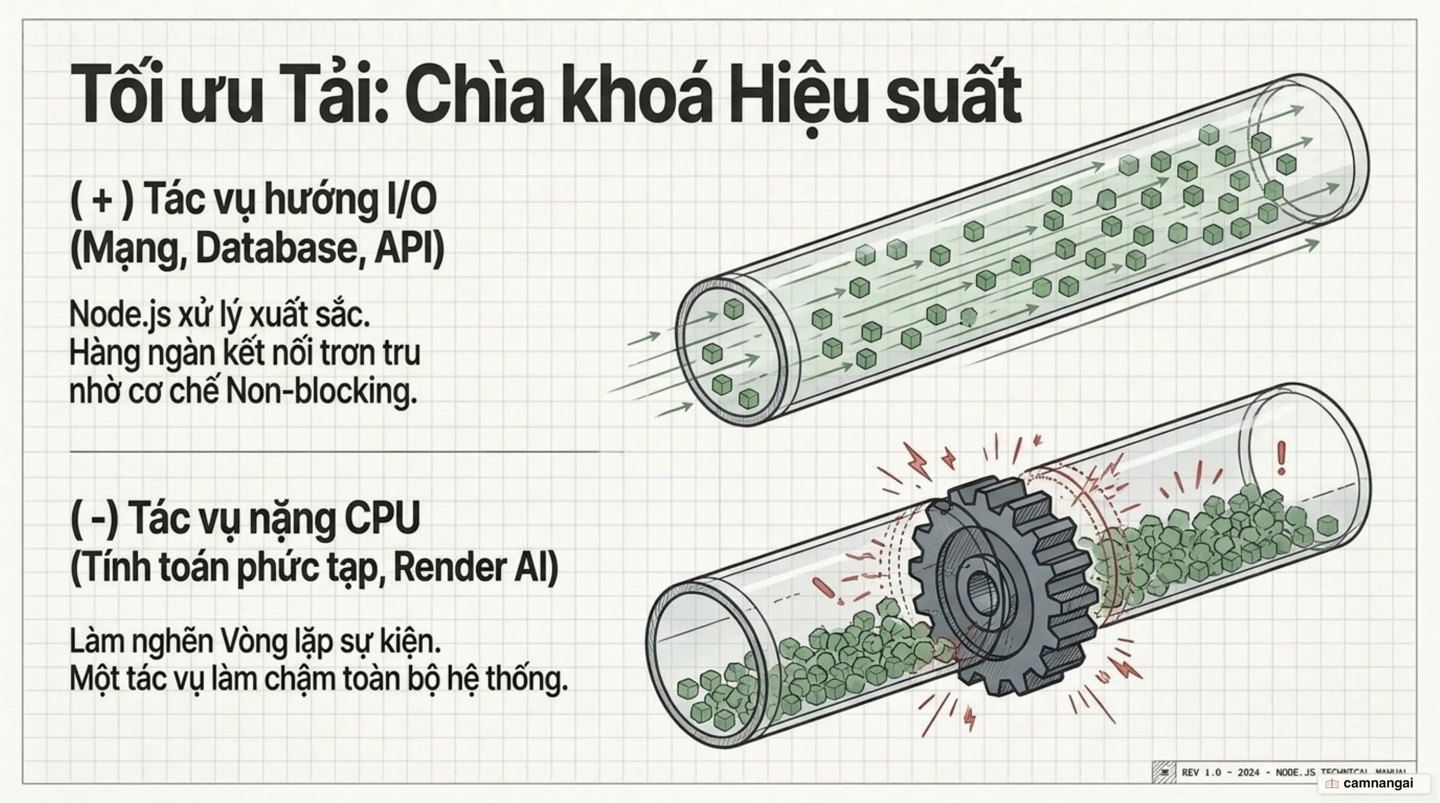Hai loại tải: tác vụ hướng I/O mà Node.js xử lý rất tốt, và tác vụ nặng CPU làm nghẽn vòng lặp sự kiện