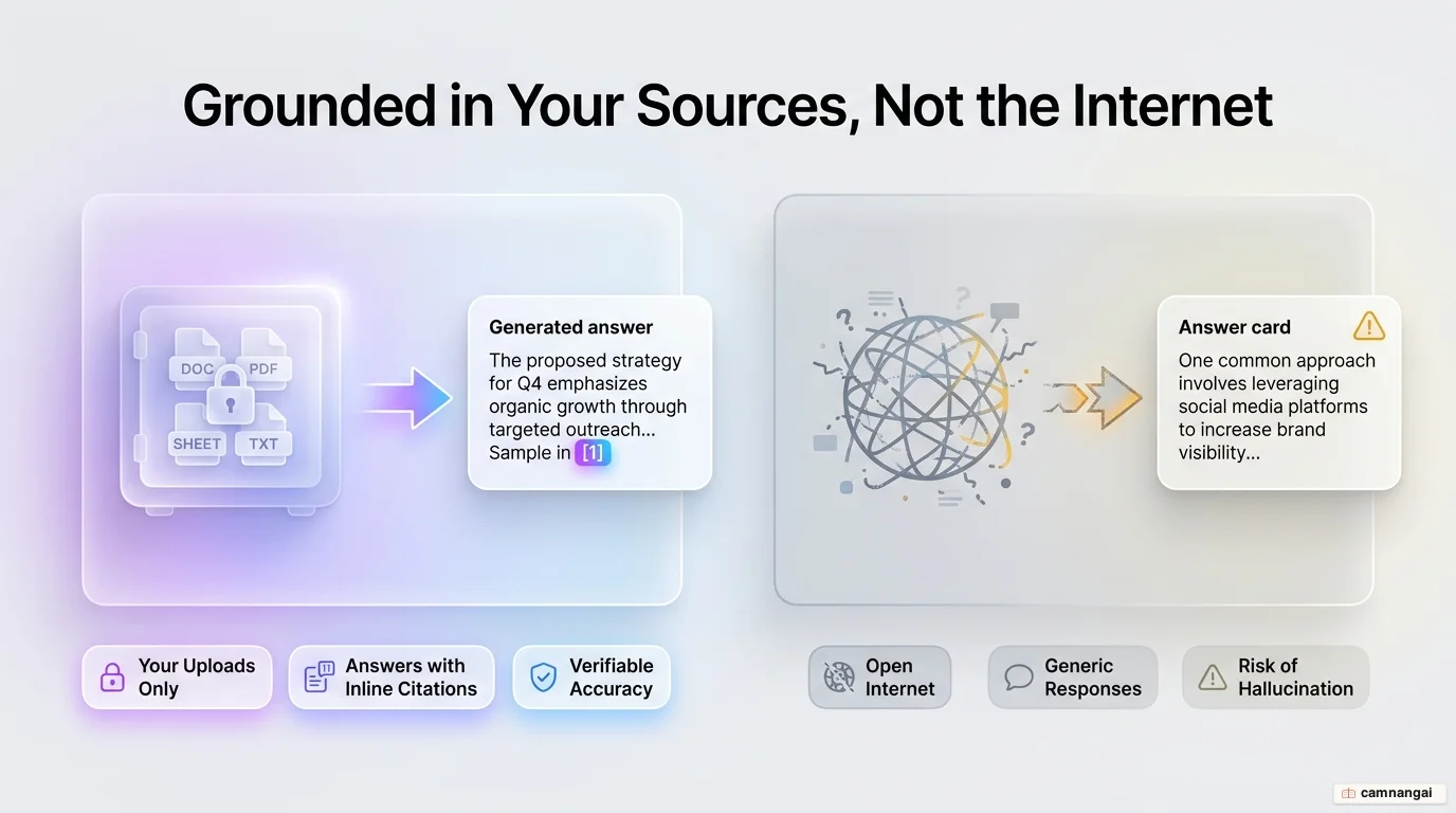 Comparison of generic AI drawing from the open internet versus NotebookLM answering only from your uploaded documents with inline citations.