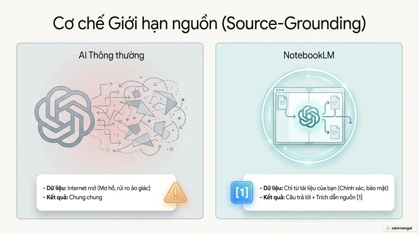 So sánh AI thông thường lấy dữ liệu từ internet mở với NotebookLM chỉ trả lời dựa trên tài liệu bạn tải lên kèm trích dẫn nguồn.