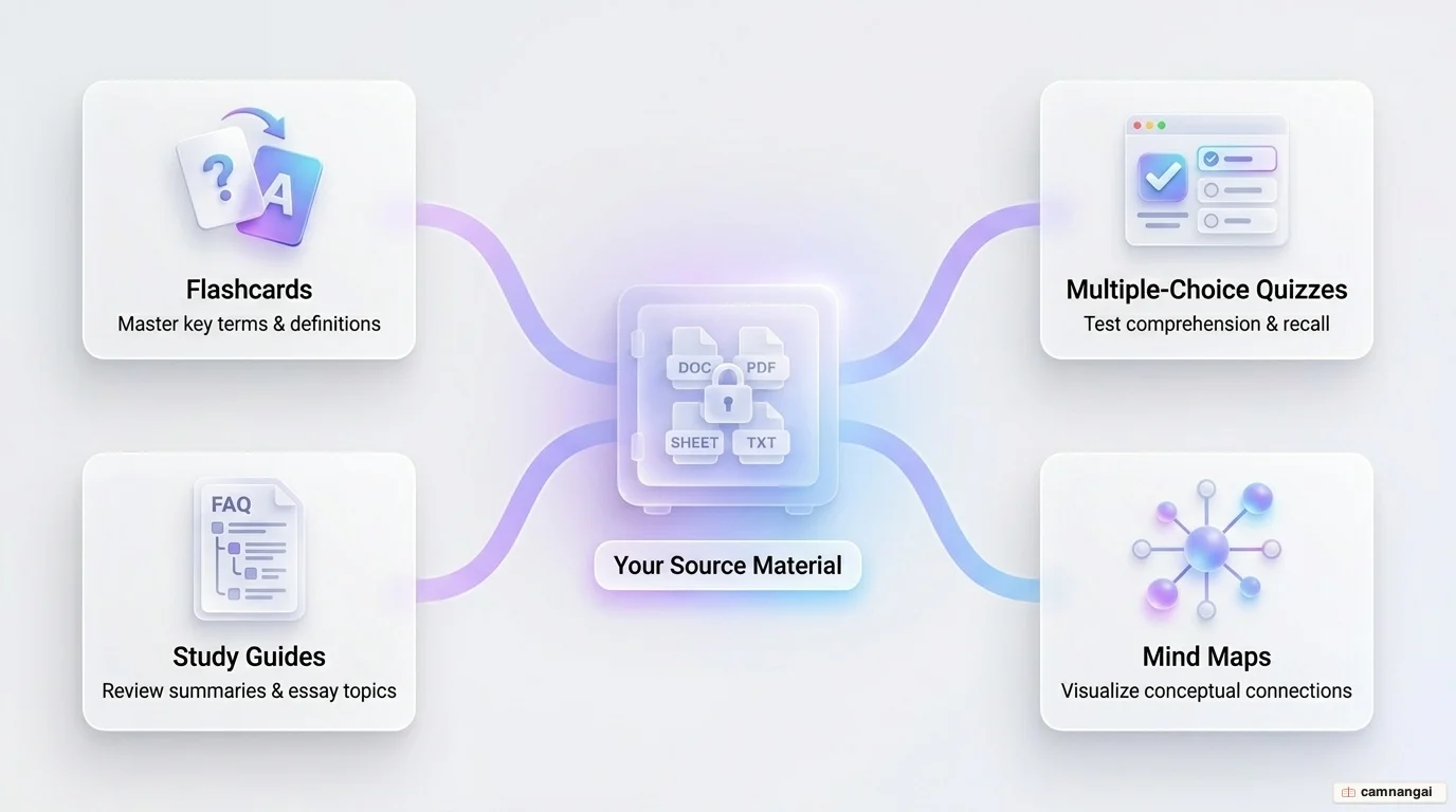 Diagram of a single NotebookLM notebook automatically generating flashcards, multiple-choice quizzes, a study guide, and a mind map.