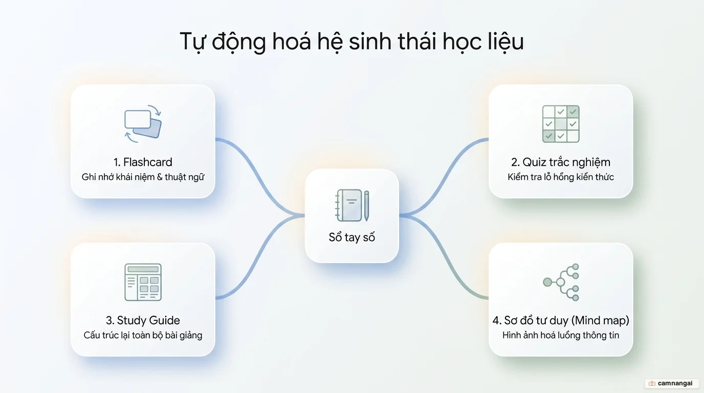 Sơ đồ một sổ tay NotebookLM tự động sinh ra flashcard, quiz trắc nghiệm, study guide và sơ đồ tư duy.