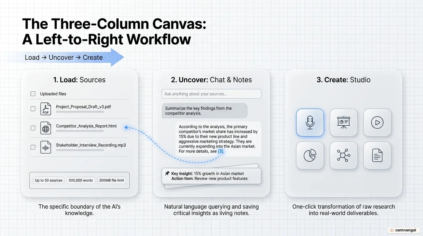 NotebookLM's three-column interface: Sources for managing data, Chat/Notes for questions, Studio for creating outputs
