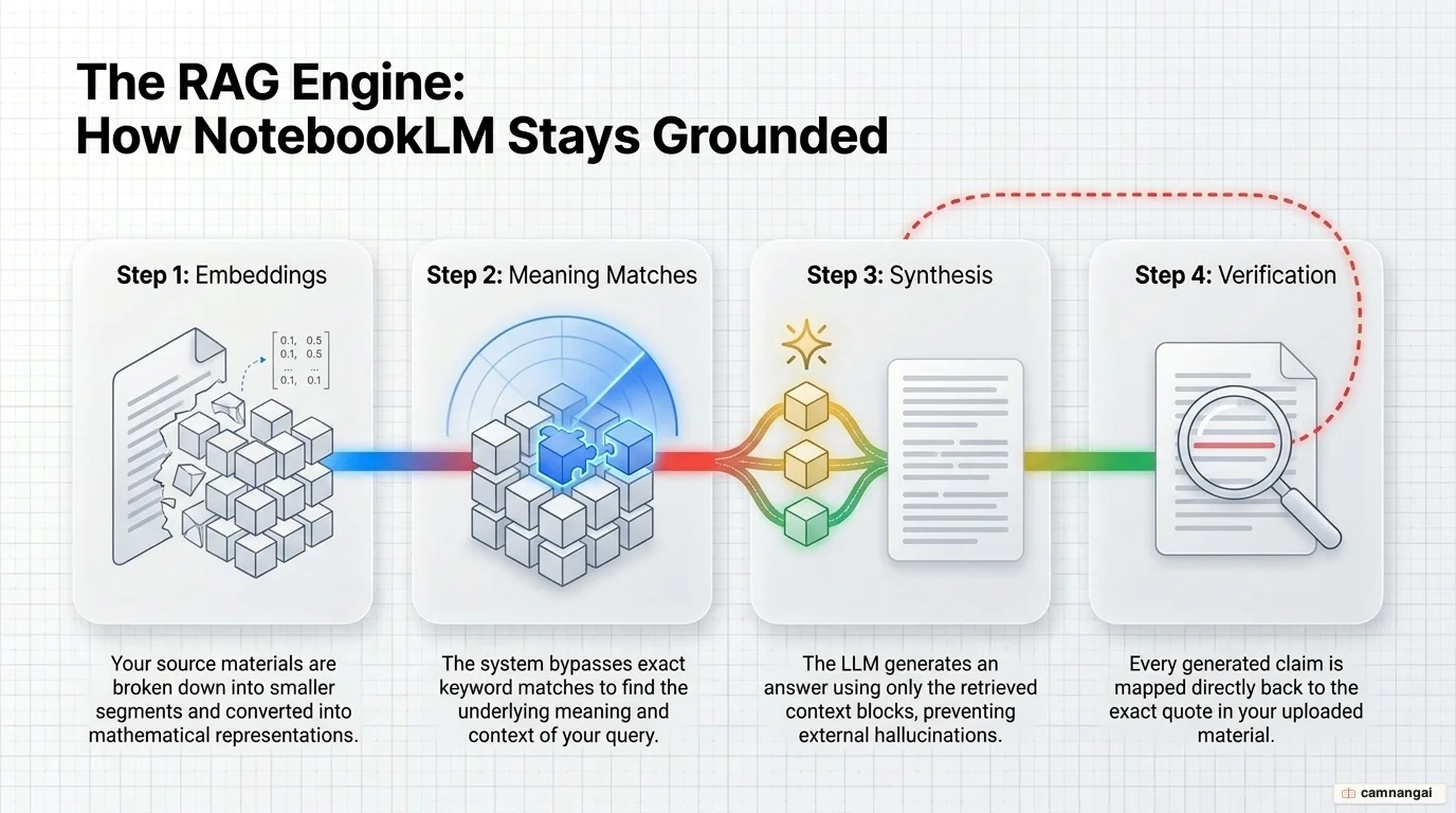 NotebookLM's four-step RAG pipeline: chunking and vectorizing, semantic search, grounded response, then citations