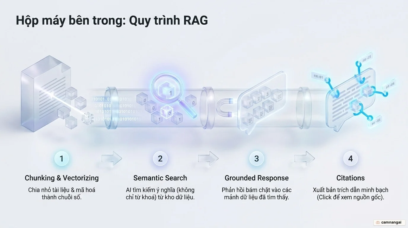 Quy trình RAG bốn bước của NotebookLM: chia nhỏ và vector hoá, tìm kiếm ngữ nghĩa, tổng hợp câu trả lời bám nguồn, rồi gắn trích dẫn