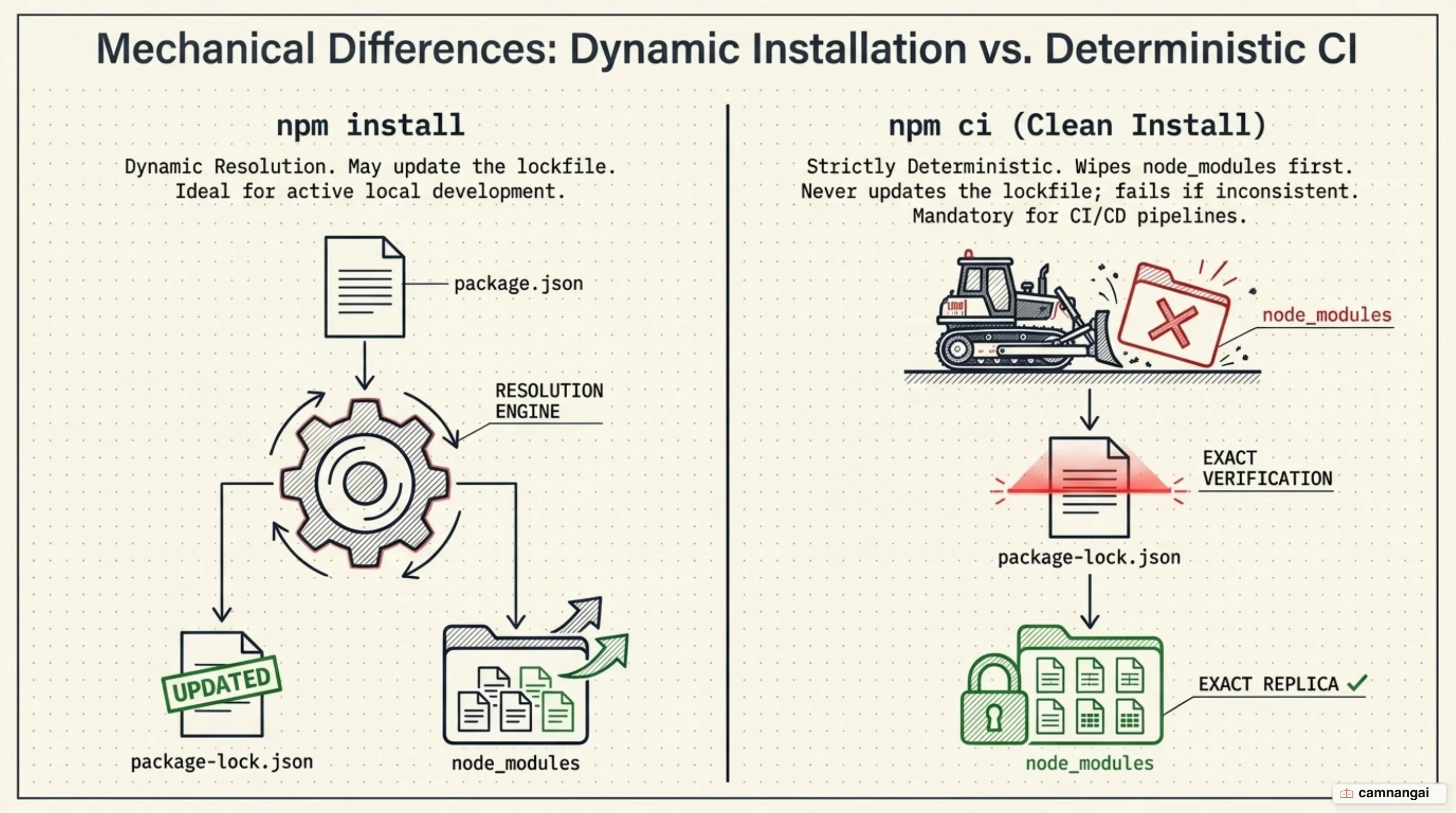 npm install may update the lockfile while npm ci wipes node_modules and installs exactly from it