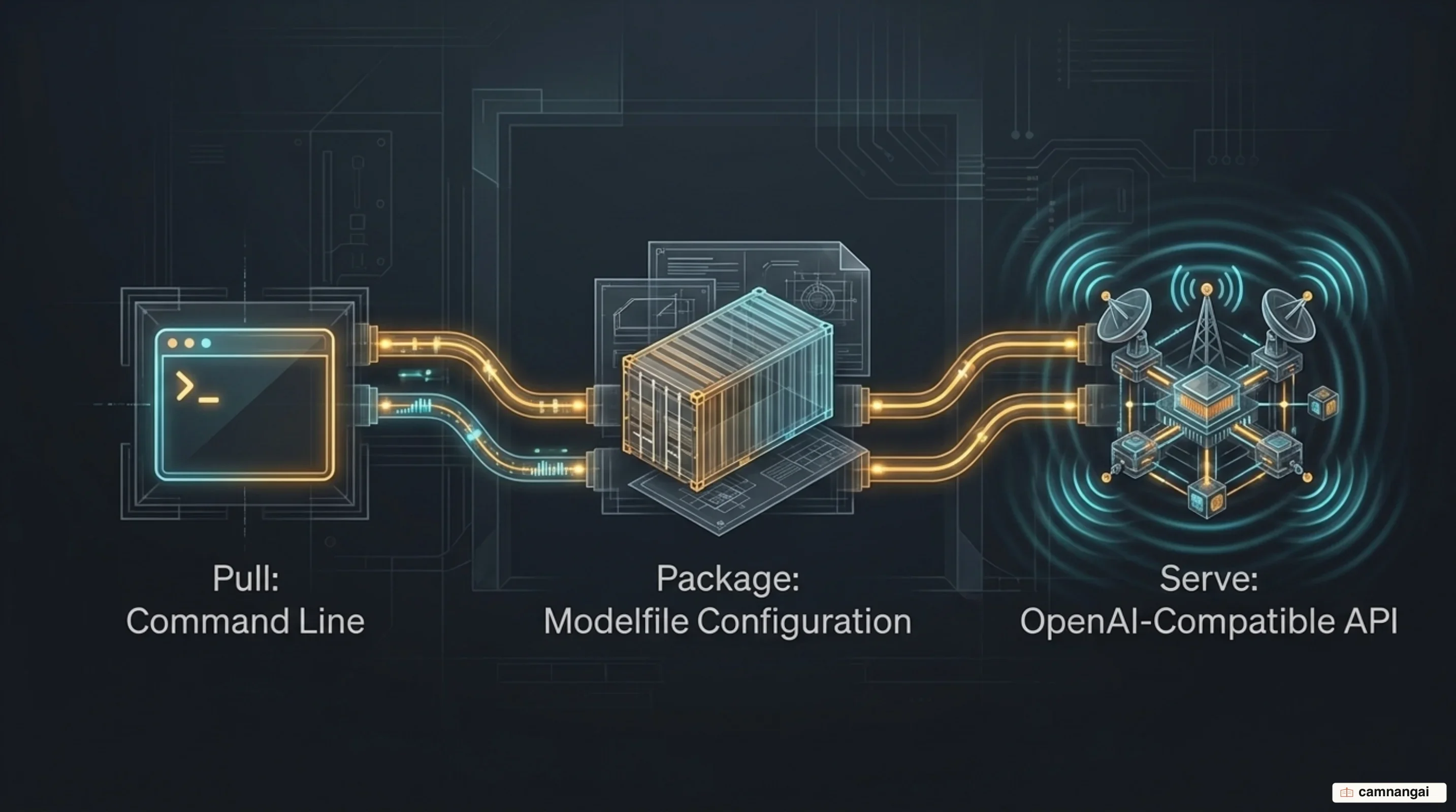 Working with Ollama in practice: pull a model from the command line, package its configuration in a Modelfile, then call it through the OpenAI-compatible API