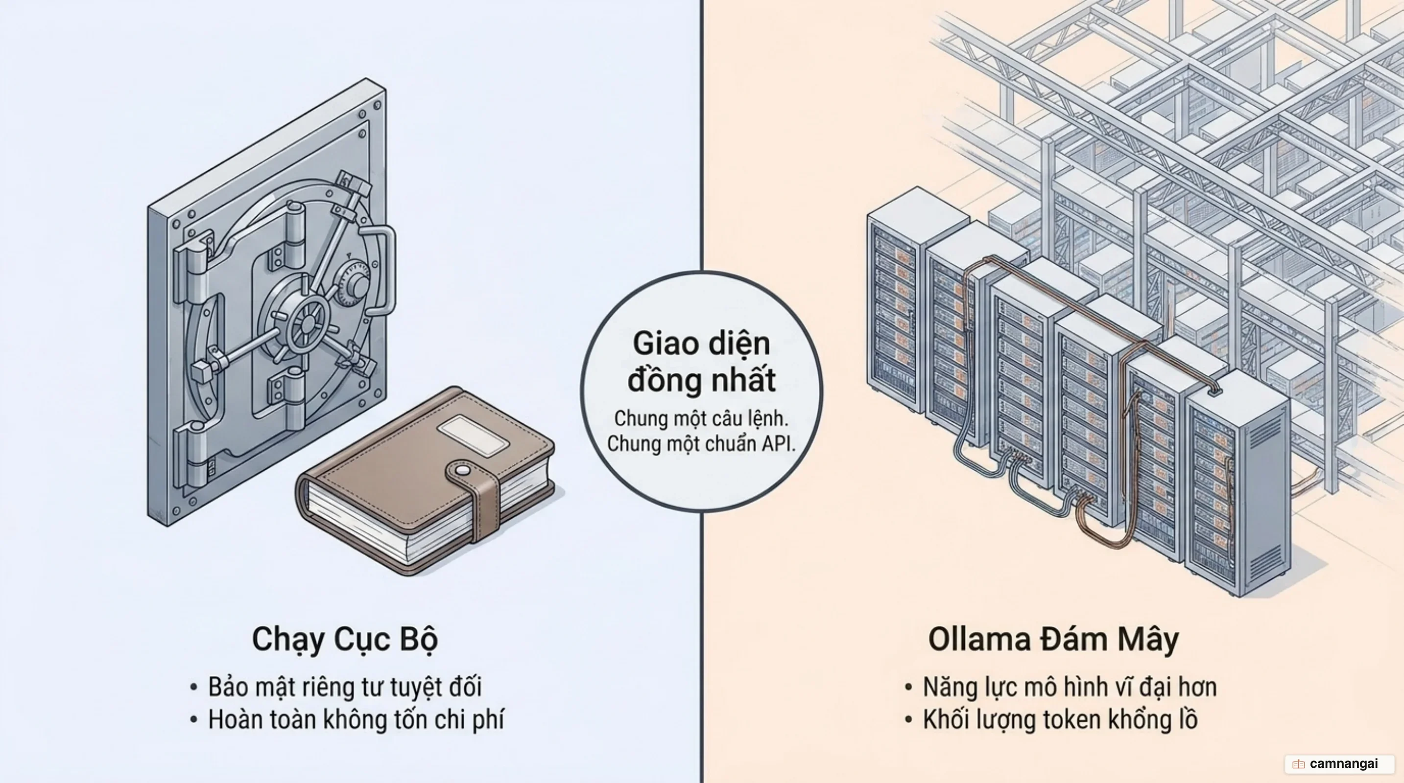 So sánh chạy cục bộ với Ollama Cloud: cùng một câu lệnh và một API ở cả hai bên, bên cục bộ được riêng tư và chi phí bằng không, bên cloud có mô hình lớn hơn