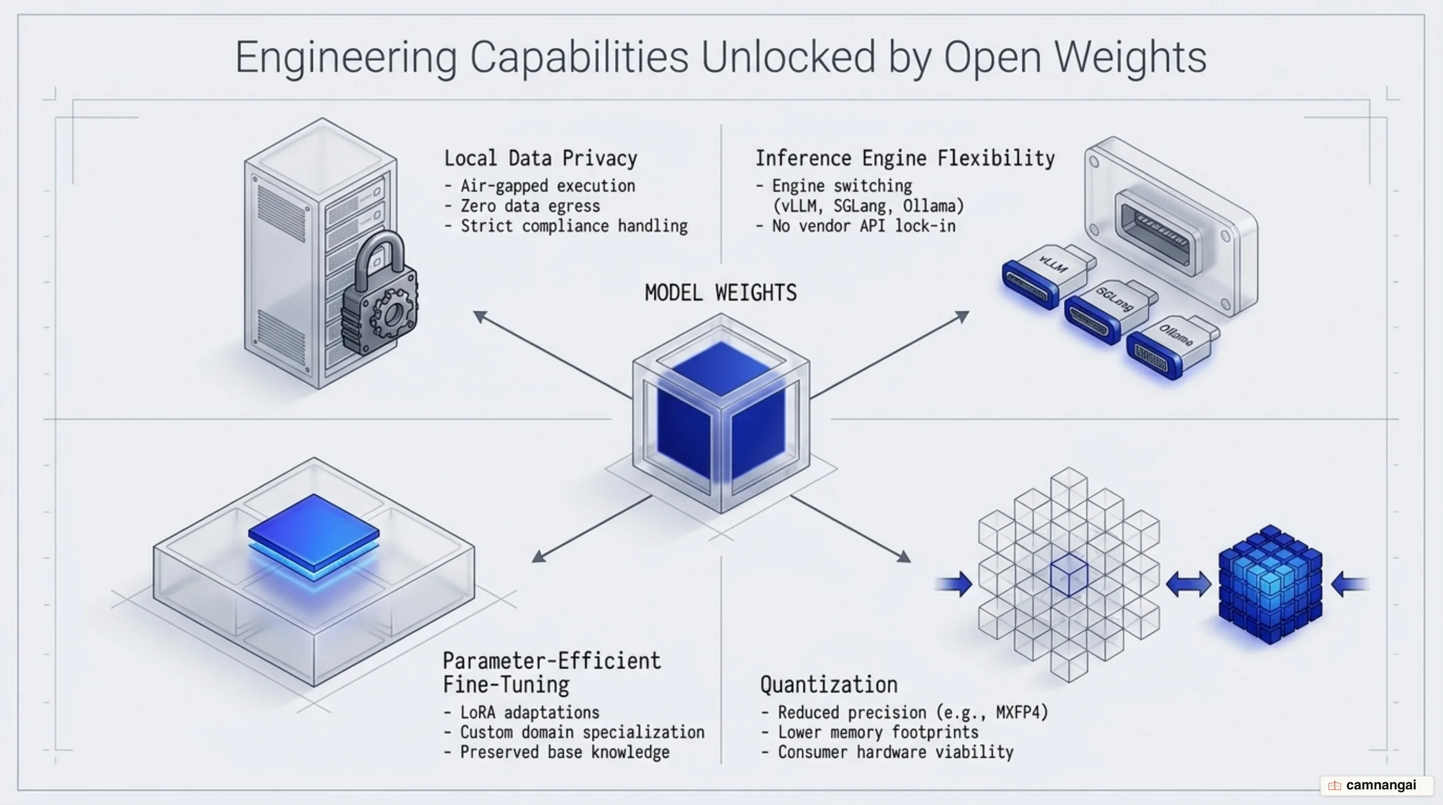 Engineering capabilities unlocked by open weights: local inference, quantization, and LoRA fine-tuning