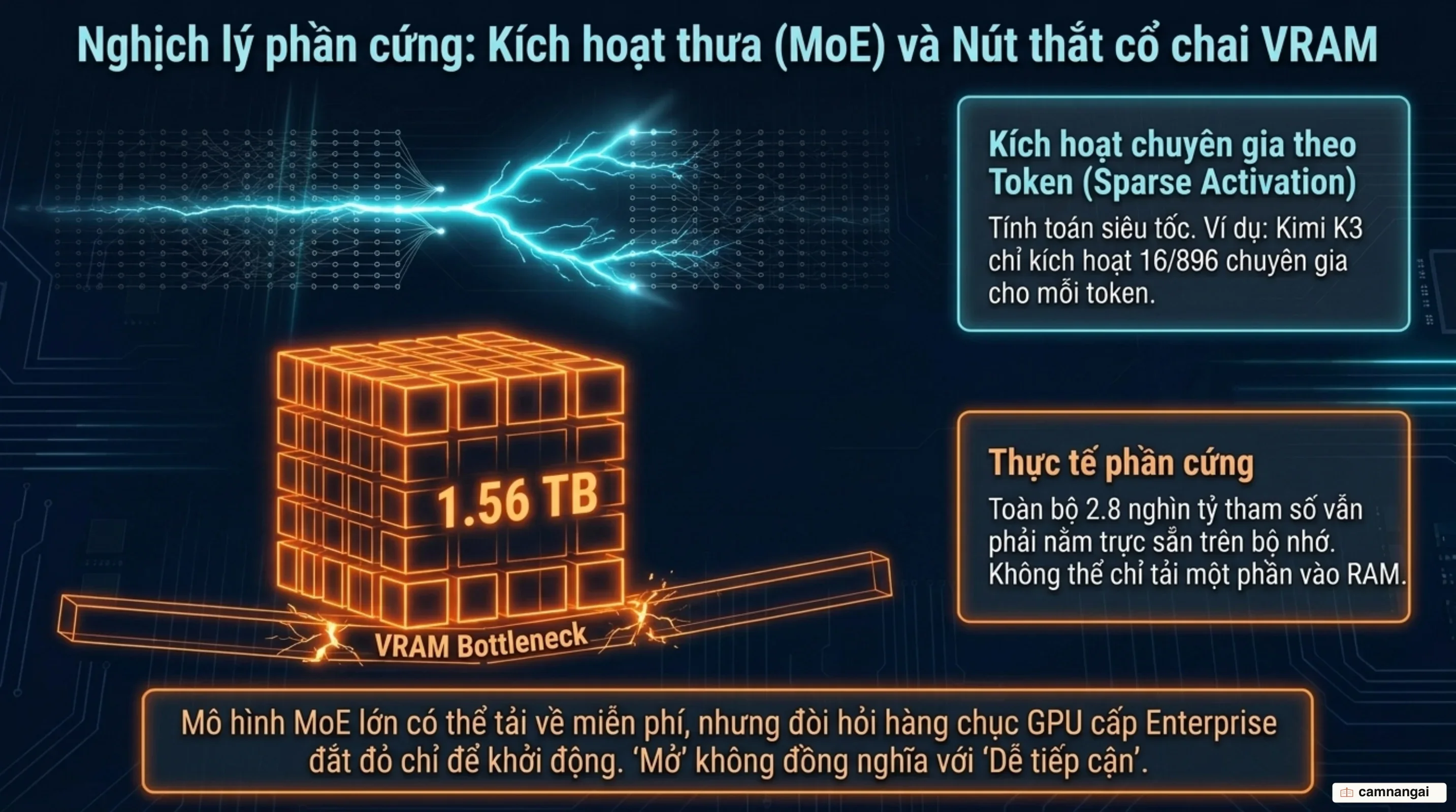 Rào cản phần cứng trong kiến trúc MoE: kích hoạt một phần chuyên gia nhưng toàn bộ trọng số vẫn phải nằm trong VRAM