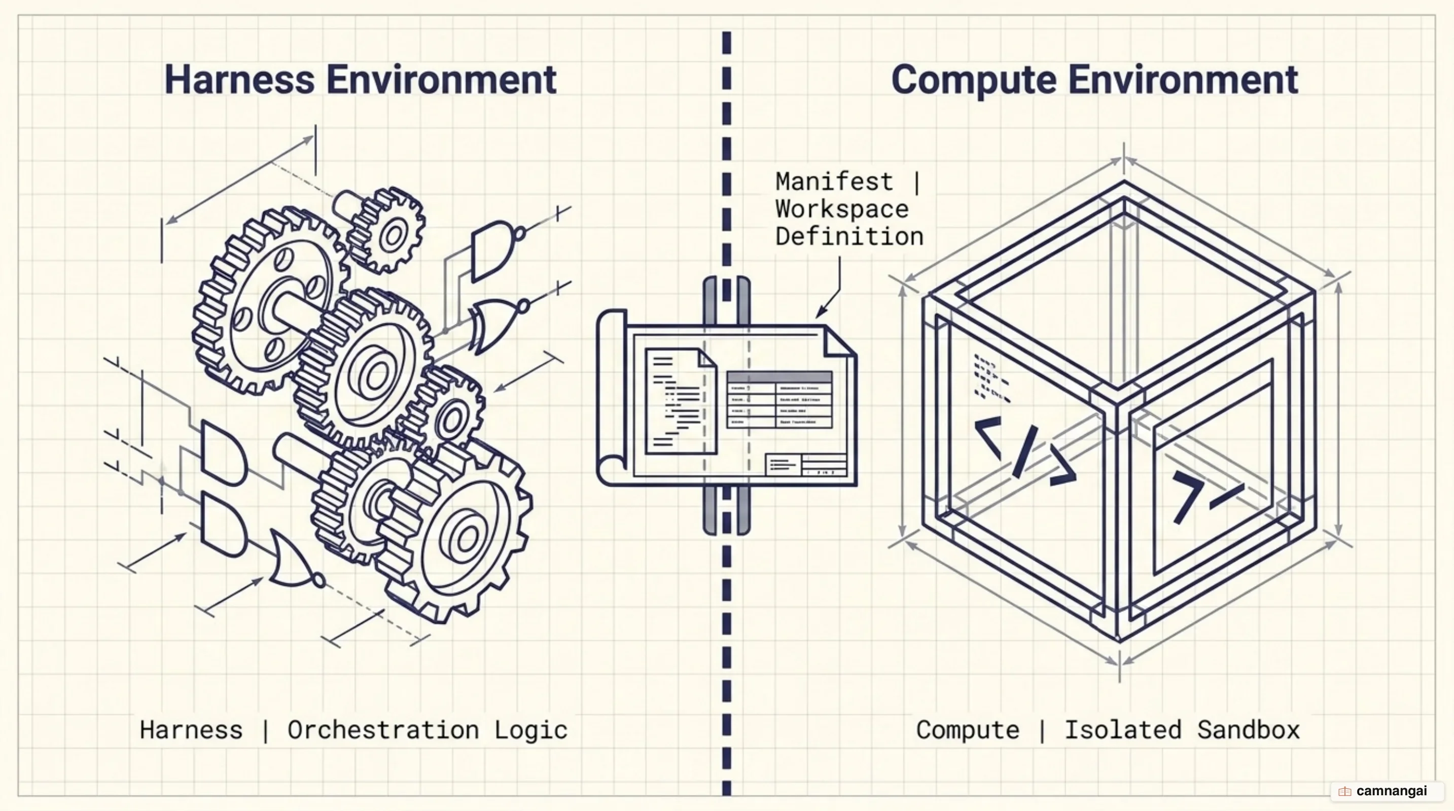 Separating the harness that runs orchestration logic from the compute sandbox that runs code, with a Manifest describing the agent workspace