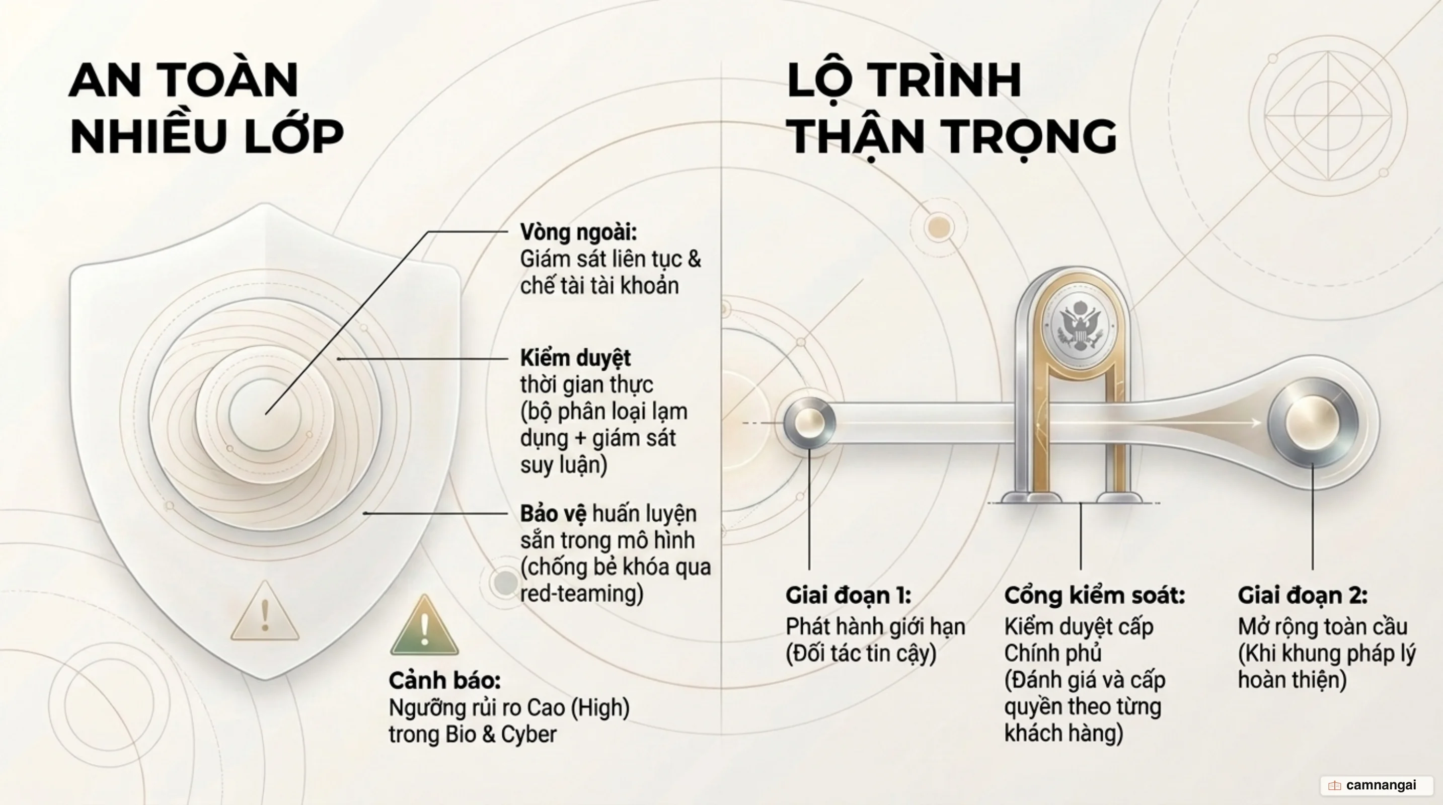 Sơ đồ hệ thống bảo vệ đa lớp của GPT-5.6 và lộ trình phát hành theo giai đoạn dưới sự giám sát của chính phủ.