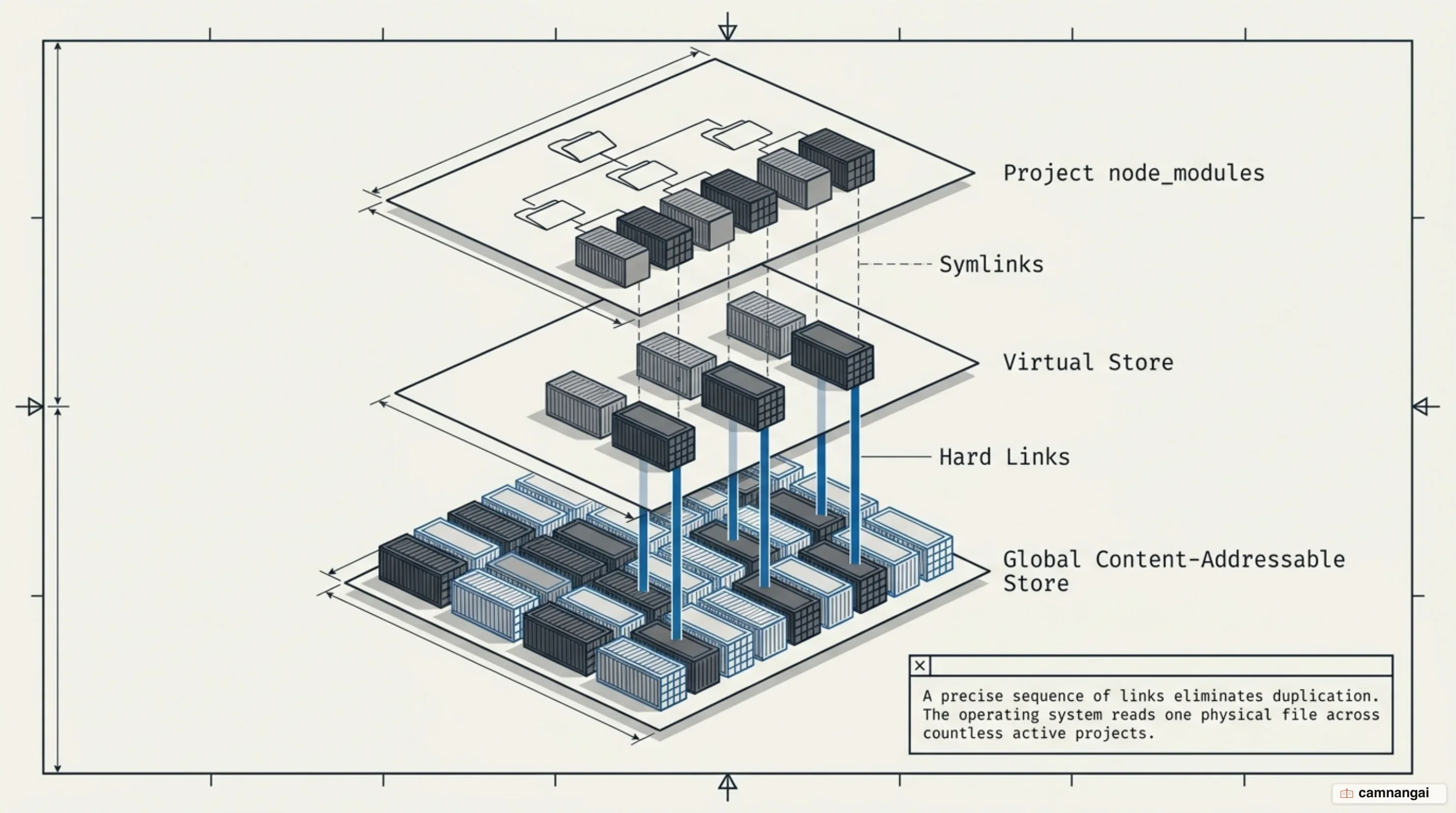 Three layers: the global content-addressable store on disk, hard links into the .pnpm virtual store, then symlinks into the project's node_modules