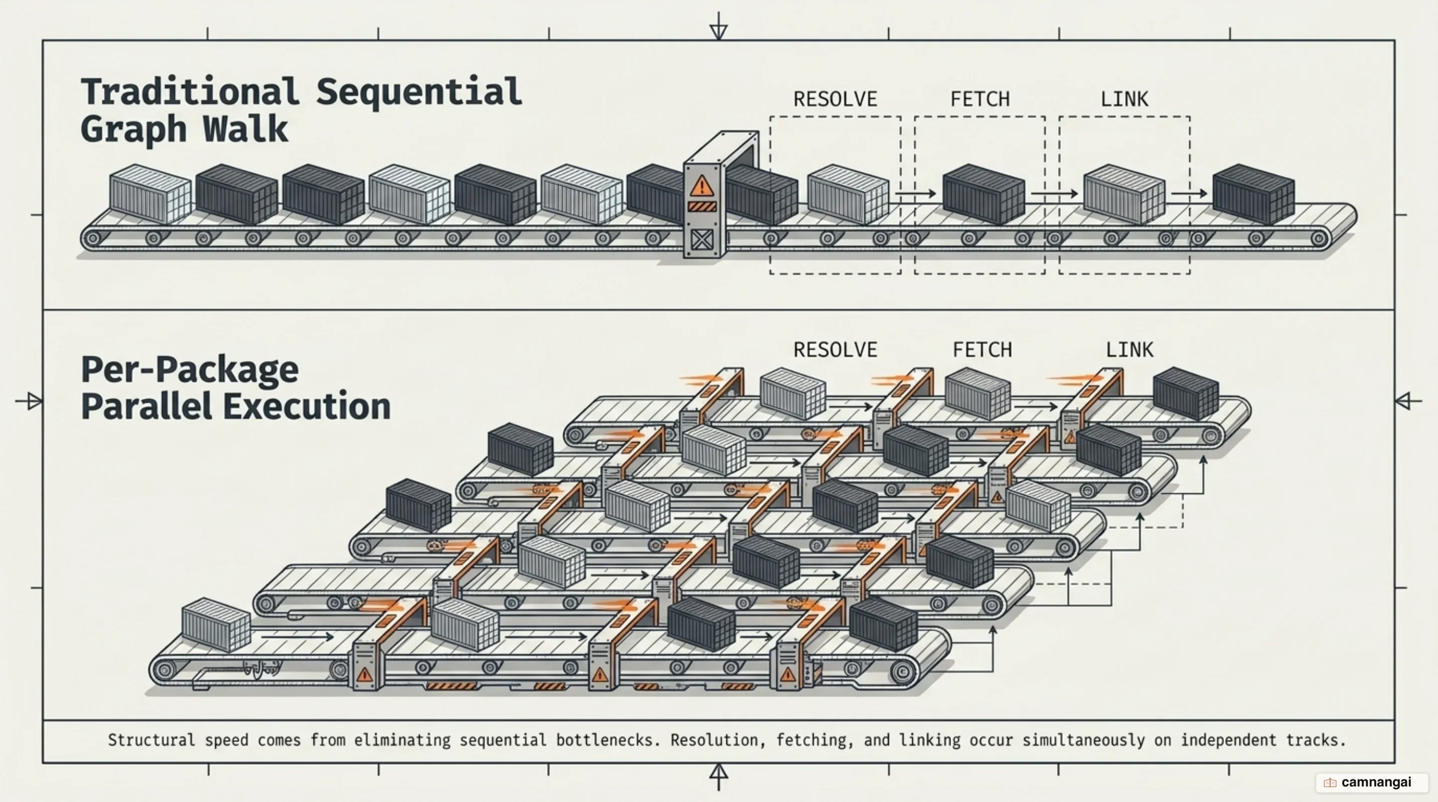 A traditional sequential graph walk on one track compared with pnpm running resolve, fetch and link in parallel on independent tracks