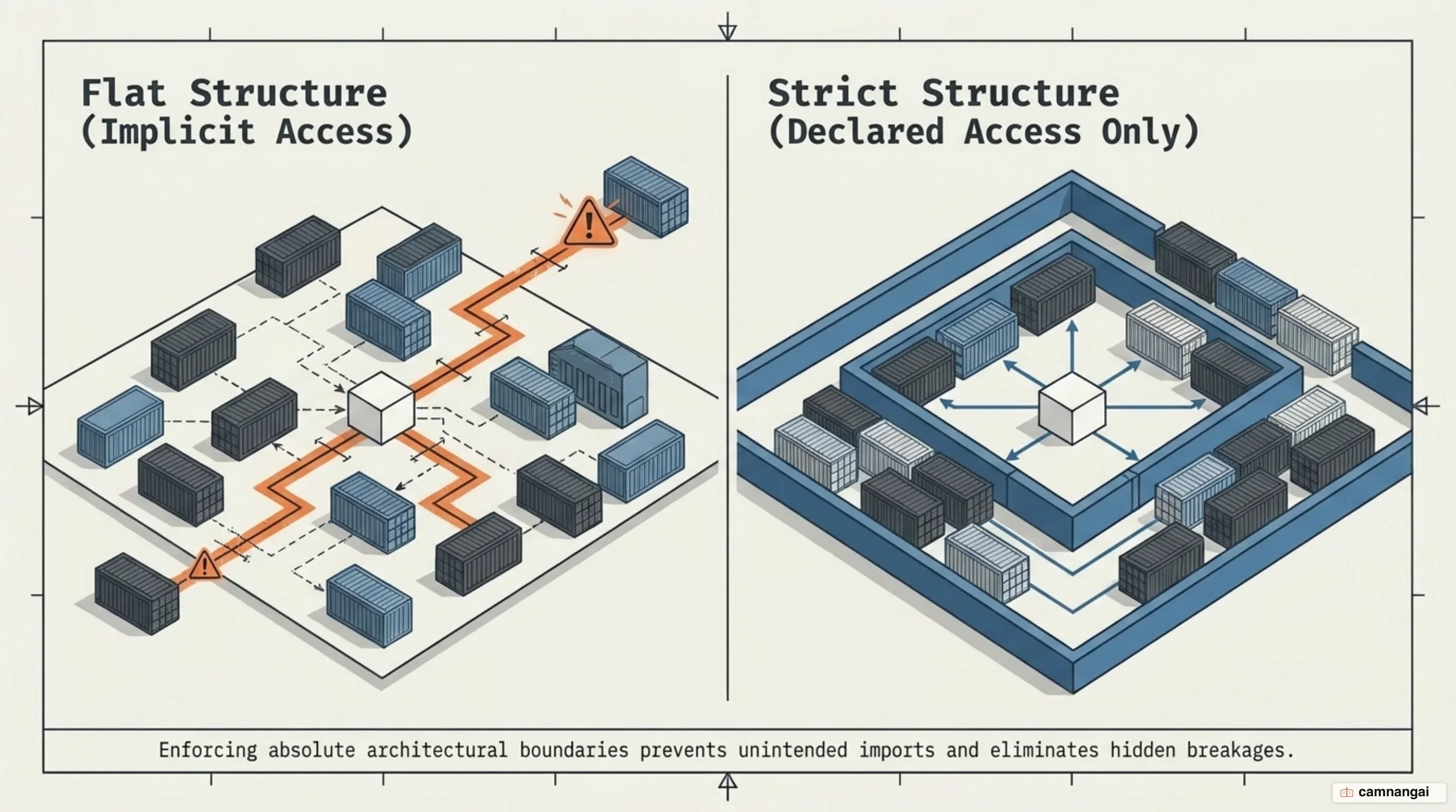 A flat structure allowing implicit access to undeclared packages, beside a strict structure that walls off anything not declared