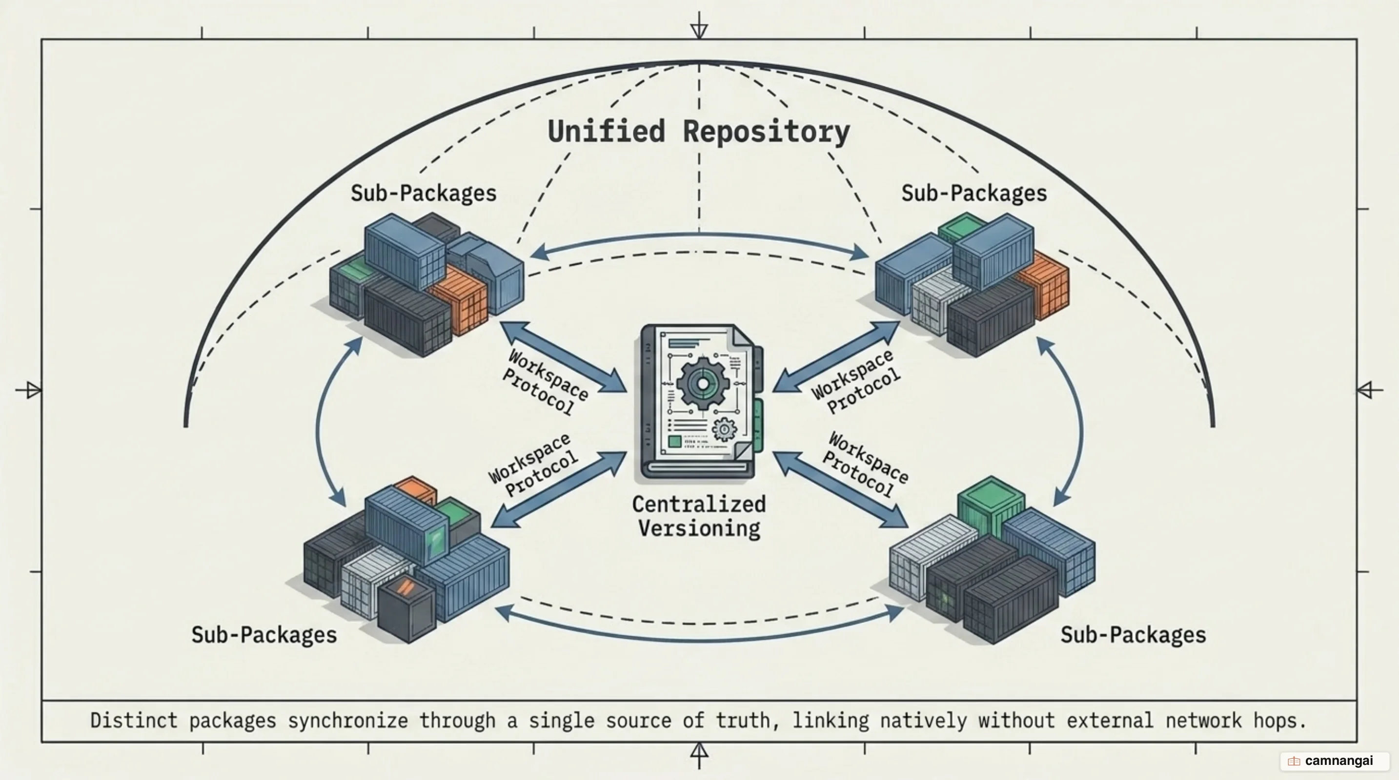 One unified repository whose sub-packages all resolve through a single centralized declaration of dependency versions