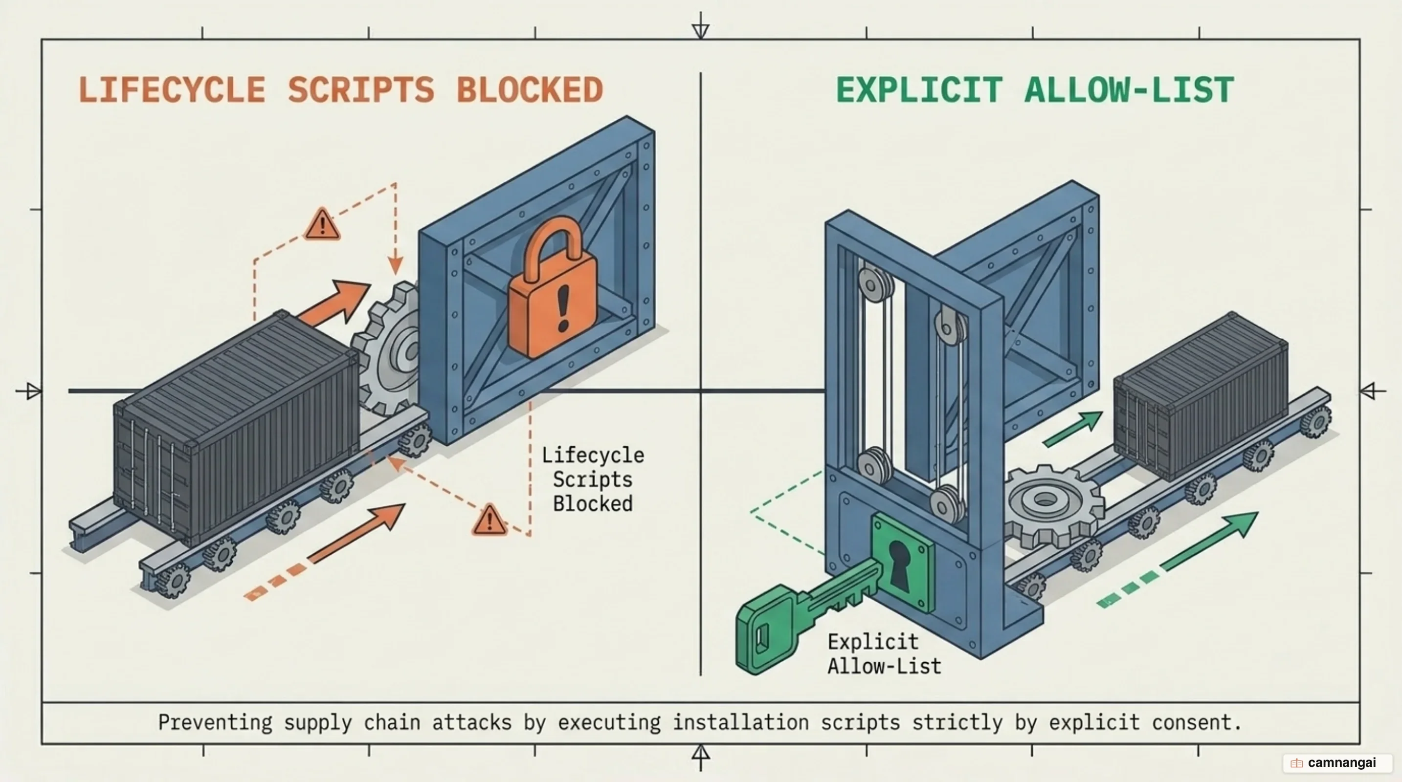 A package's lifecycle scripts held behind a locked gate, running only once an explicit allow-list unlocks them