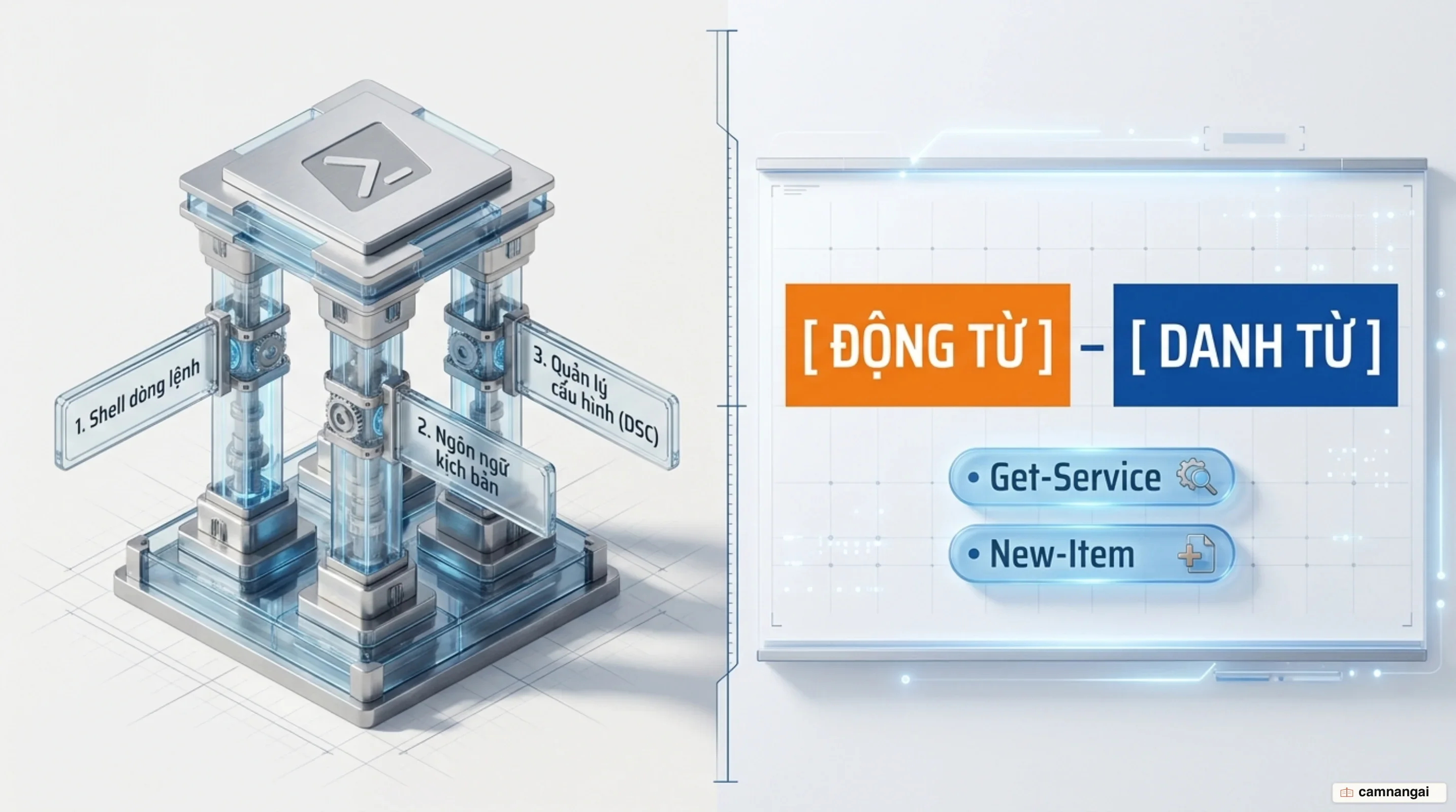 Ba thành phần của PowerShell — shell dòng lệnh, ngôn ngữ kịch bản và nền tảng quản lý cấu hình — cùng cấu trúc tên lệnh Động từ-Danh từ