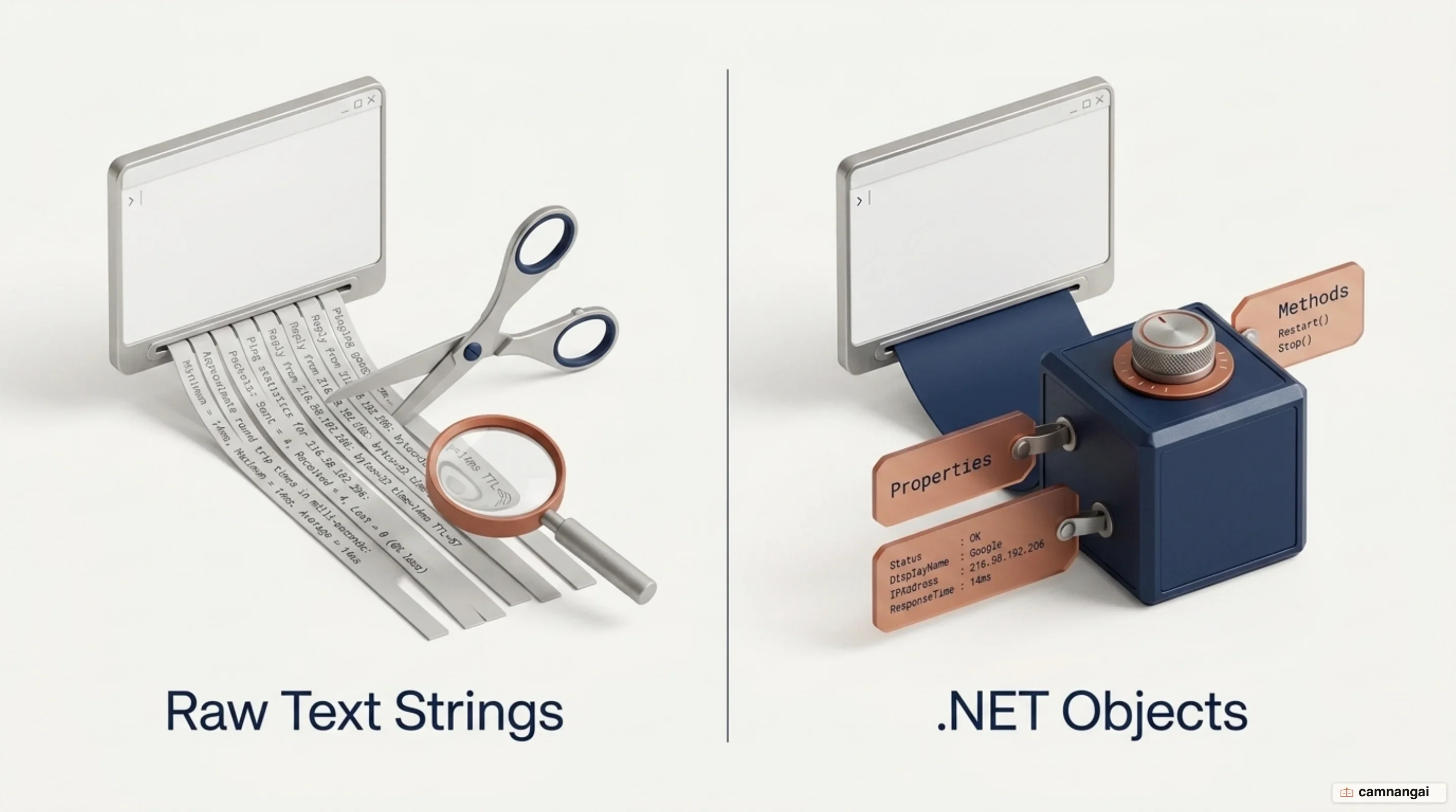 Two data streams compared: a legacy shell emitting text strings that must be parsed, versus PowerShell emitting .NET objects that already carry properties and methods