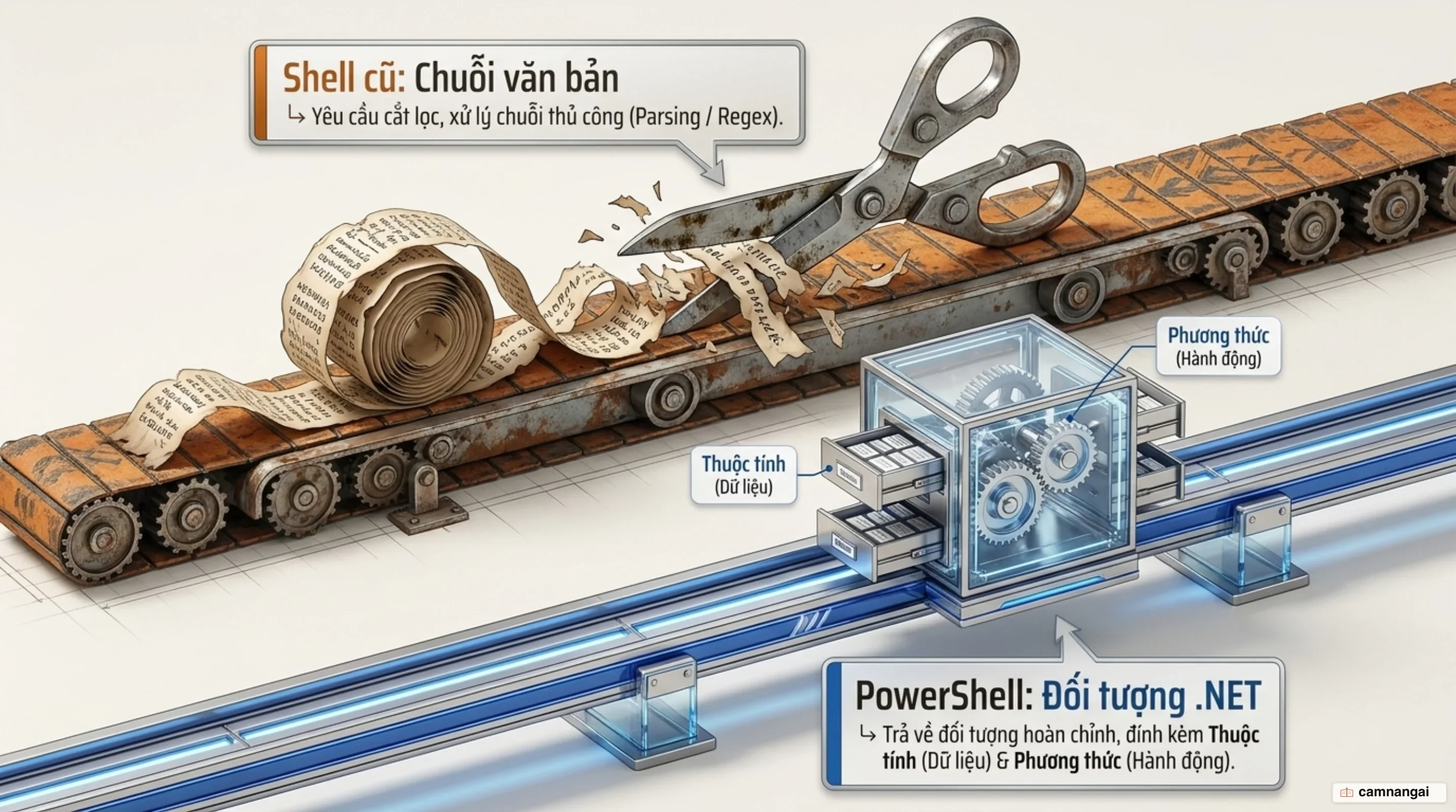 So sánh hai luồng dữ liệu: shell cũ đẩy đi chuỗi văn bản phải cắt lọc, còn PowerShell đẩy đi đối tượng .NET có sẵn thuộc tính và phương thức