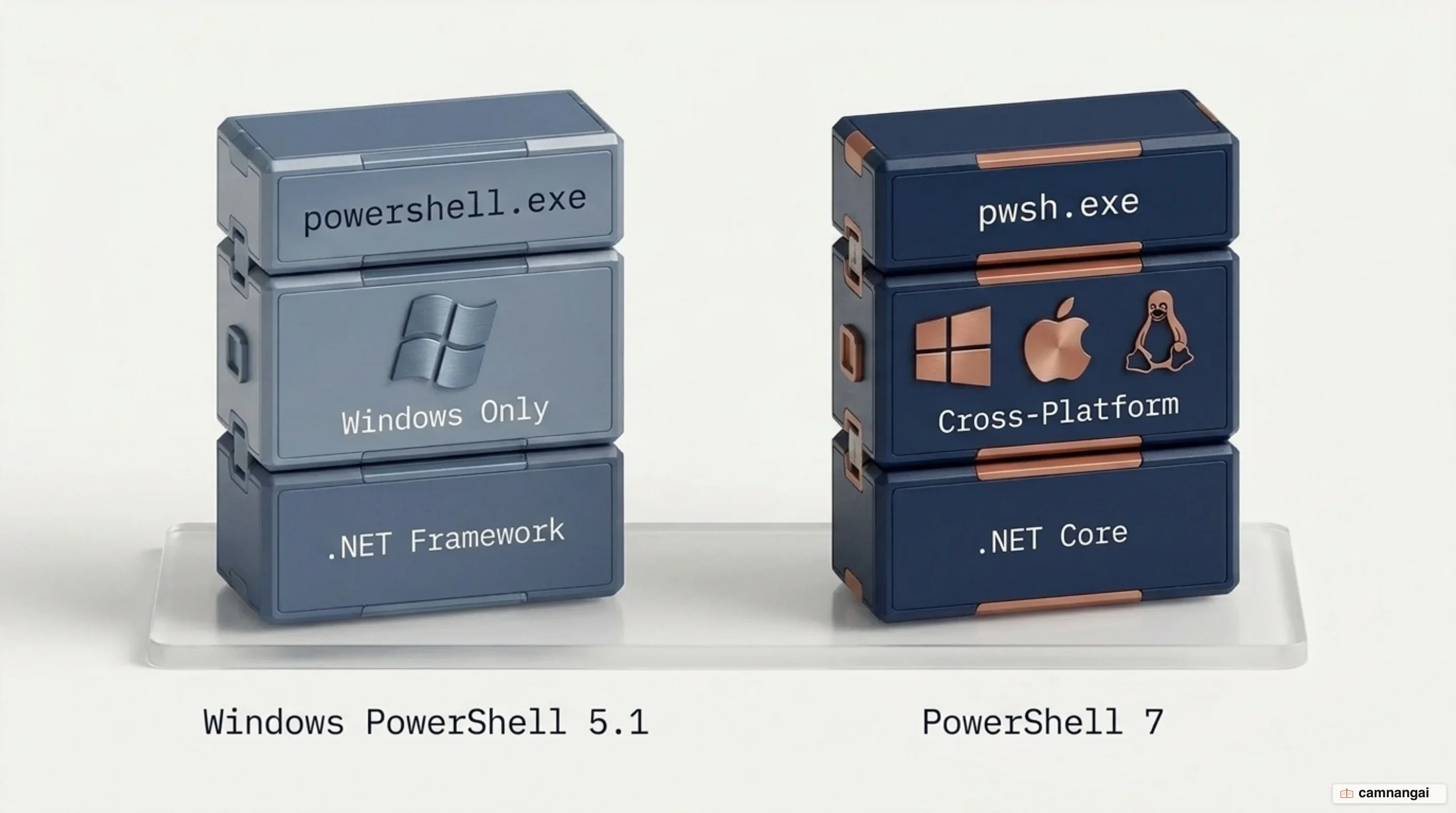 Two versions running side by side: Windows PowerShell 5.1 with powershell.exe on .NET Framework for Windows only, and PowerShell 7 with pwsh.exe on .NET Core running cross-platform