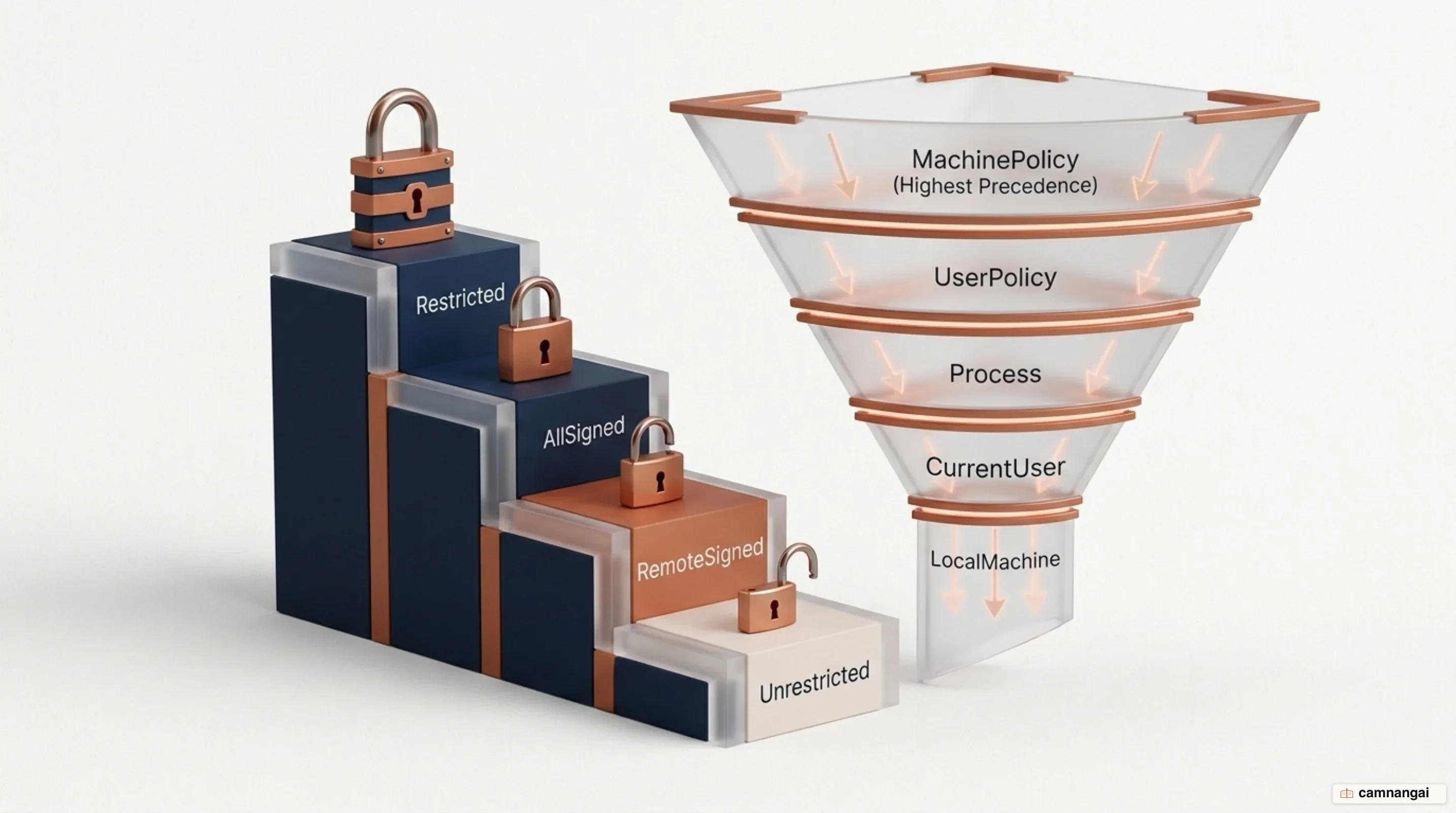 The four execution policy levels from Restricted to Unrestricted, with the scope precedence ladder running from MachinePolicy down to LocalMachine