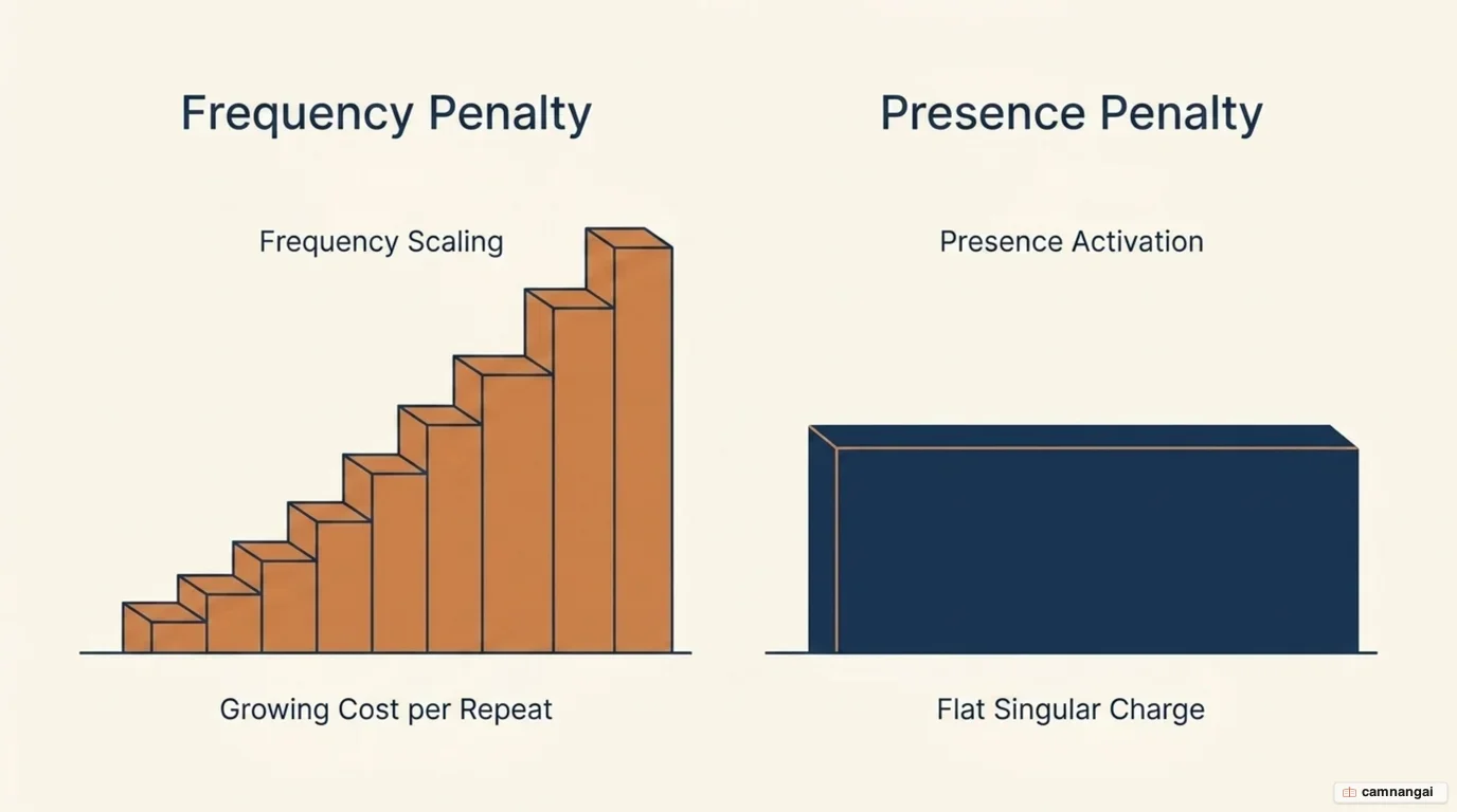 The frequency penalty growing with every repeat of a token, beside the presence penalty as a flat one-off charge