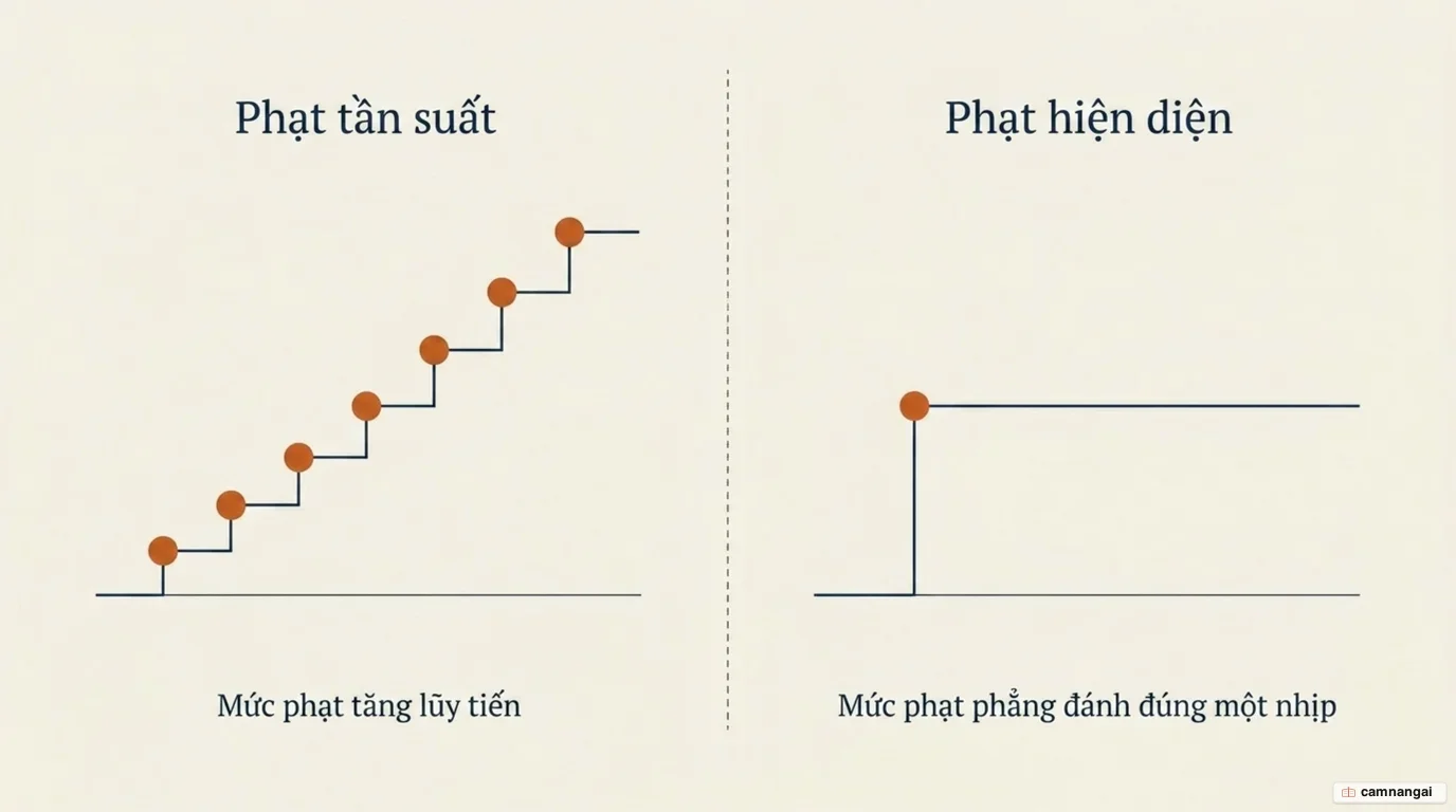 So sánh hai khoản phạt: frequency penalty tăng dần theo mỗi lần lặp, presence penalty là mức phạt phẳng đánh đúng một lần